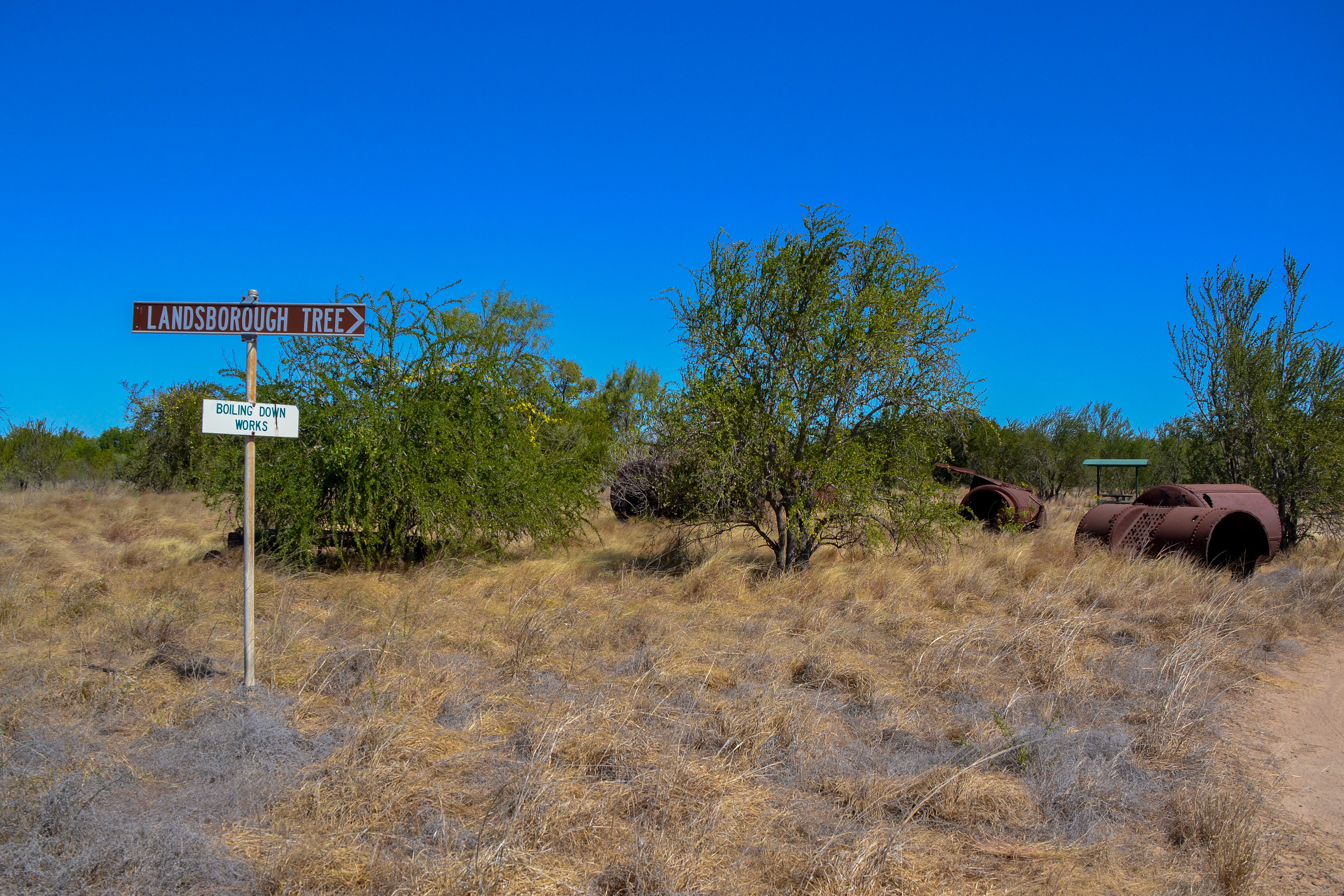 The sign to the Landsborough Tree, the site by the Albert River where explorer William Landsborough established a depot camp while searching for the missing Burke and Wills expedition in 1862.