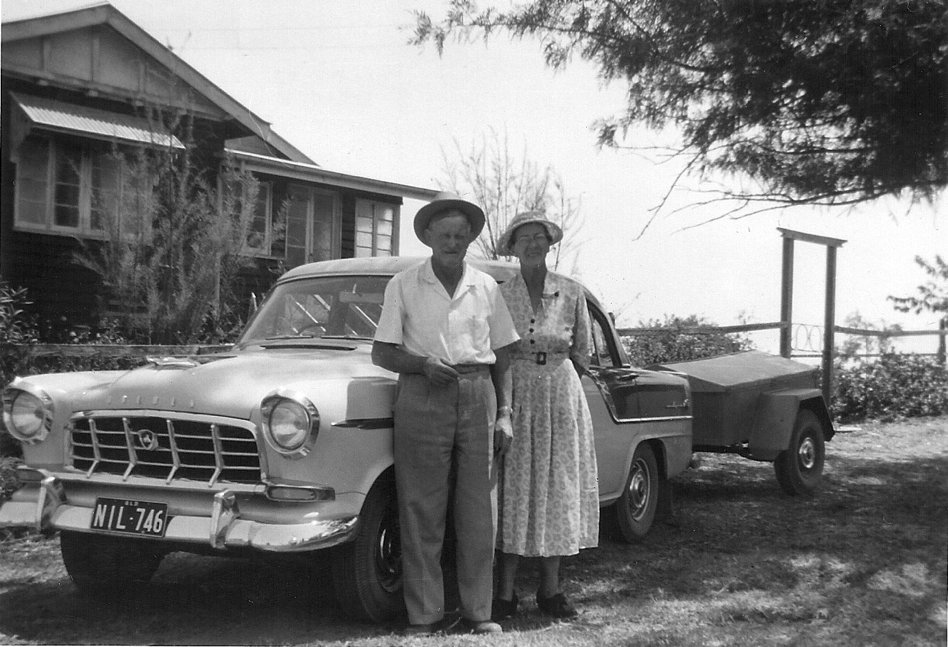Bill and Marie and the Holden FE and box trailer heading off on a touring holiday 1961.