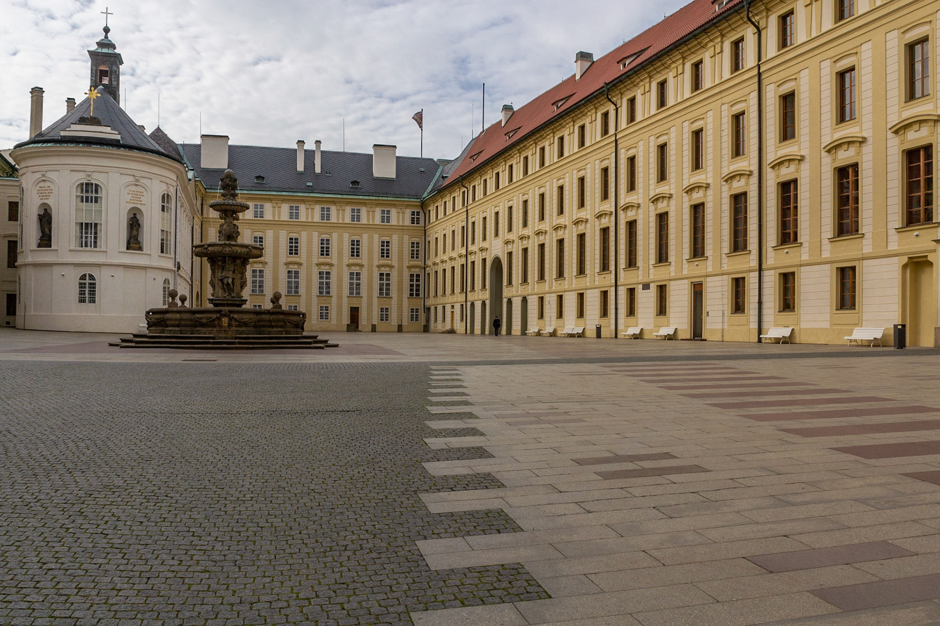 Prague Castle's second courtyard - the Chapel of the Holy is the building on the LHS behind Kohl's fountain