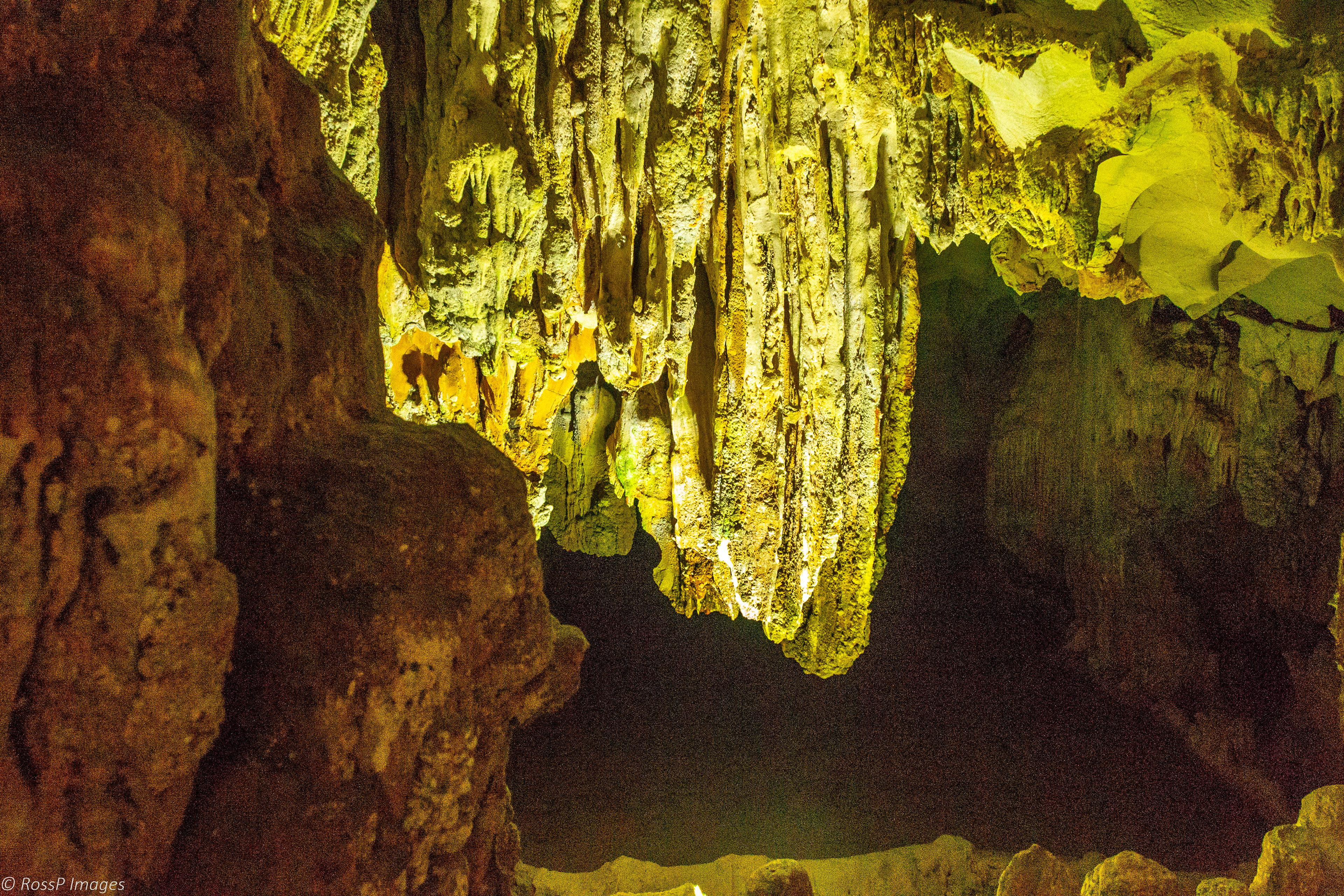 Mood lighting inside Hang Sung Sot cave.