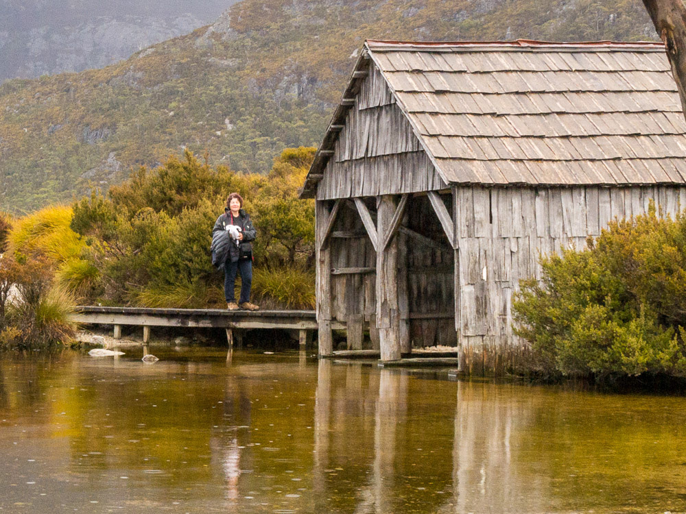 Cher on the boardwalk beside the Dove lake boatshed.