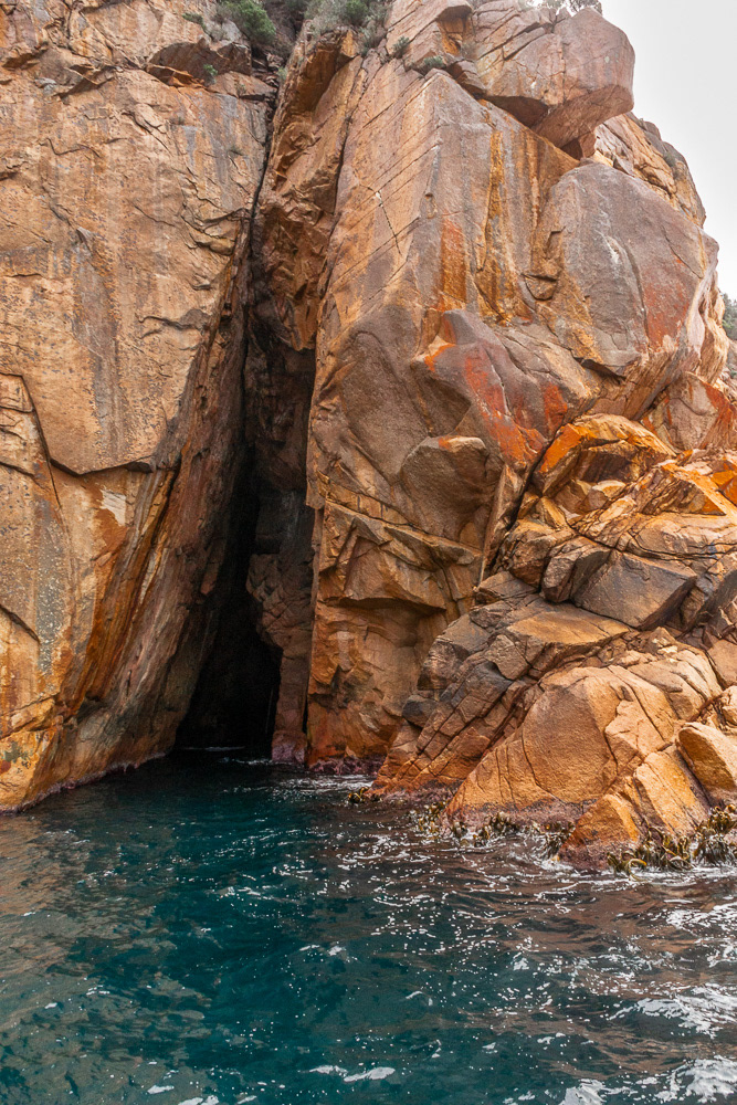 Sea caves hide in the fractured rock crevices.