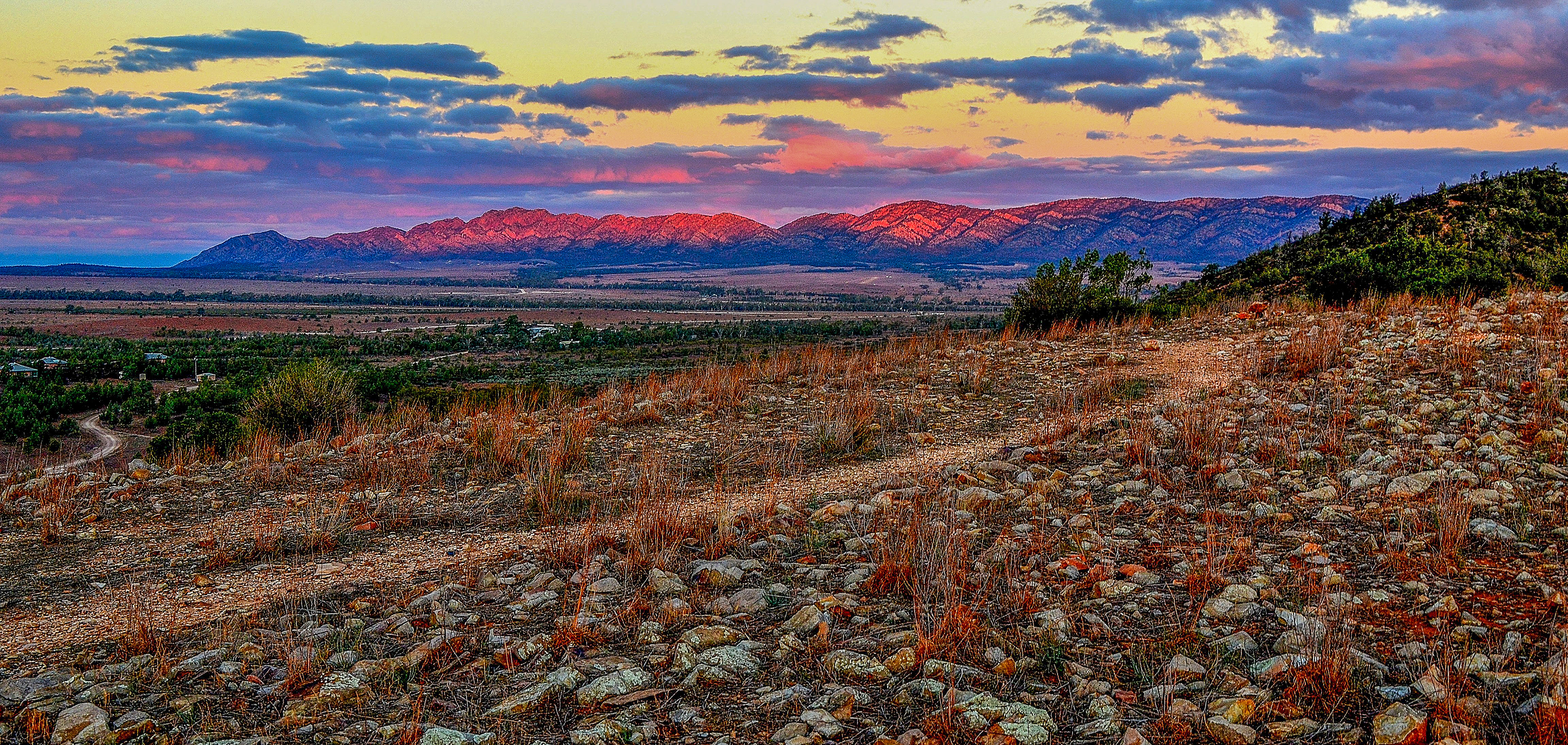 Spectacular colours of the ranges as the sun sets on our last night at Rawnsley Park Station.