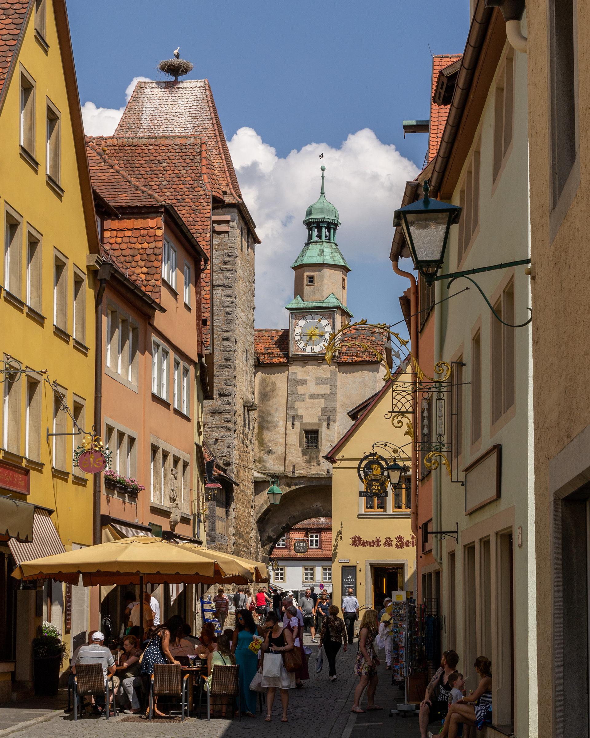 The Markus Tower and the Röderbogen are part of the oldest wall (no longer exists) around Rothenburg. exist.. The storks arrive annually to nest on on top of Marcus Tower.