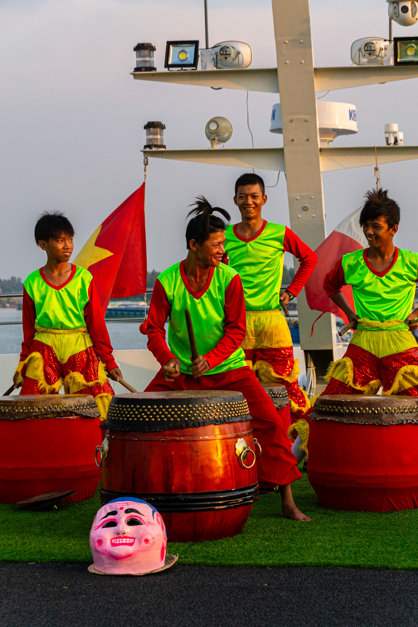 The percussion section of the performance (drums, gong, and cymbals)