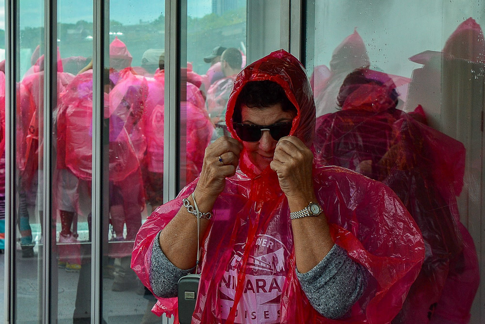 A necessary fashion accessory, red plastic poncho.