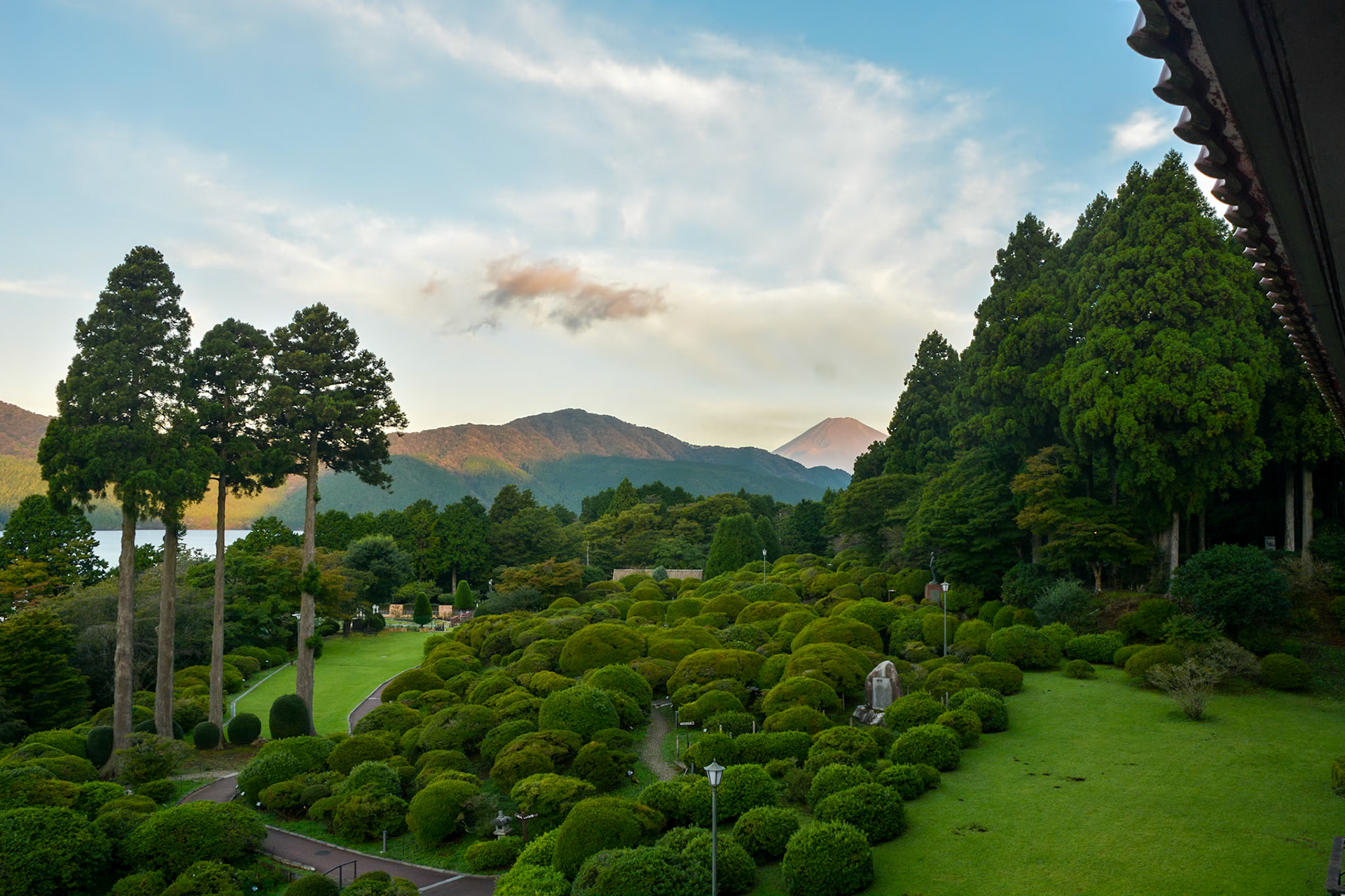 We awake to glimpses of Mt Fuji beyond the Rodendron gardens of our resort.