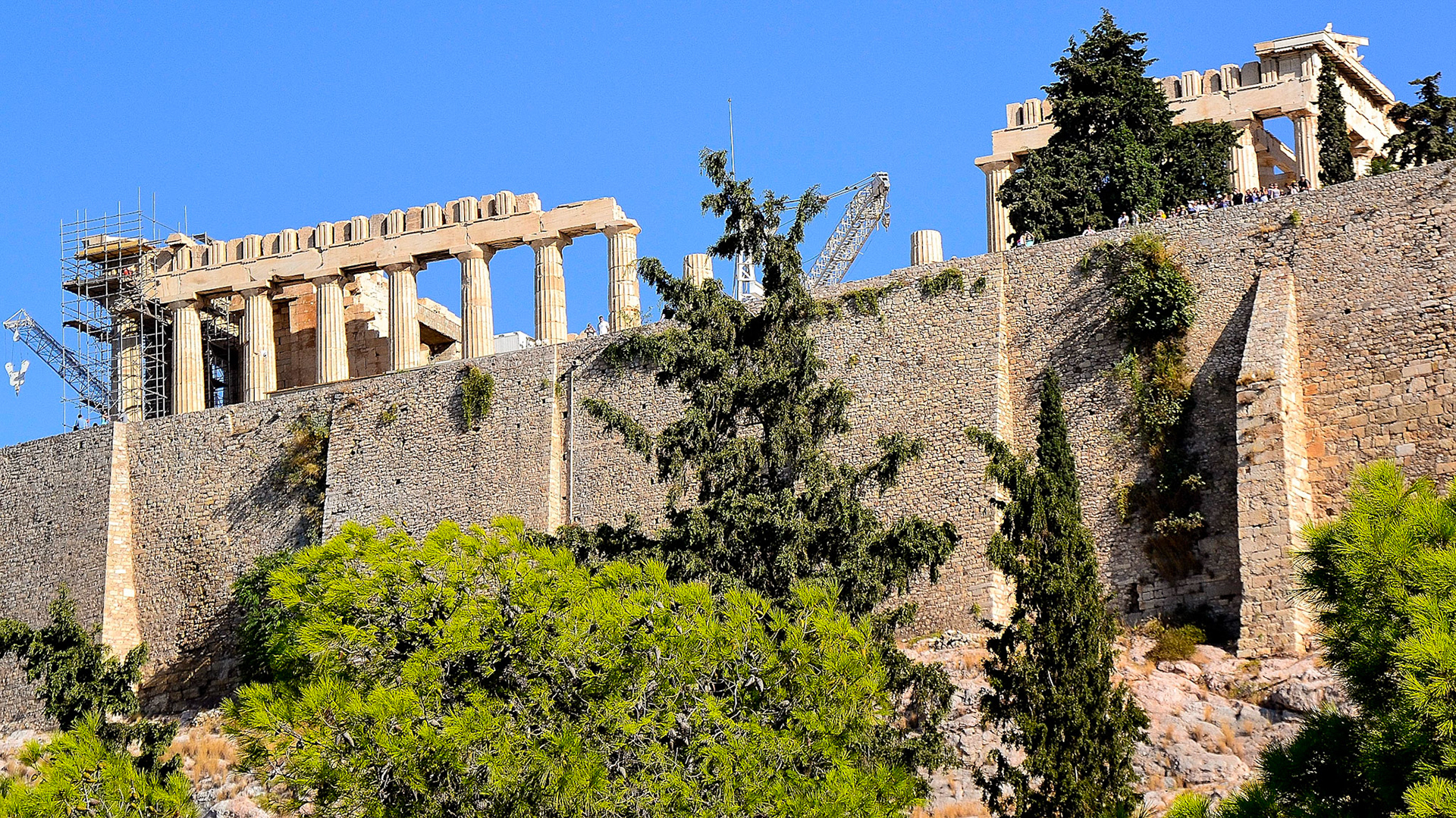 The retained embankment of the Acropolis, an engineering feat of ancient times.