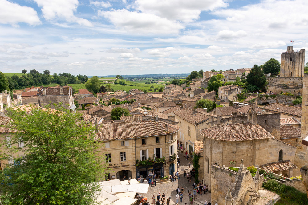 A spectacular view over Place de l'Eglise Monolithe and the countryside beyond Saint Emilion.
