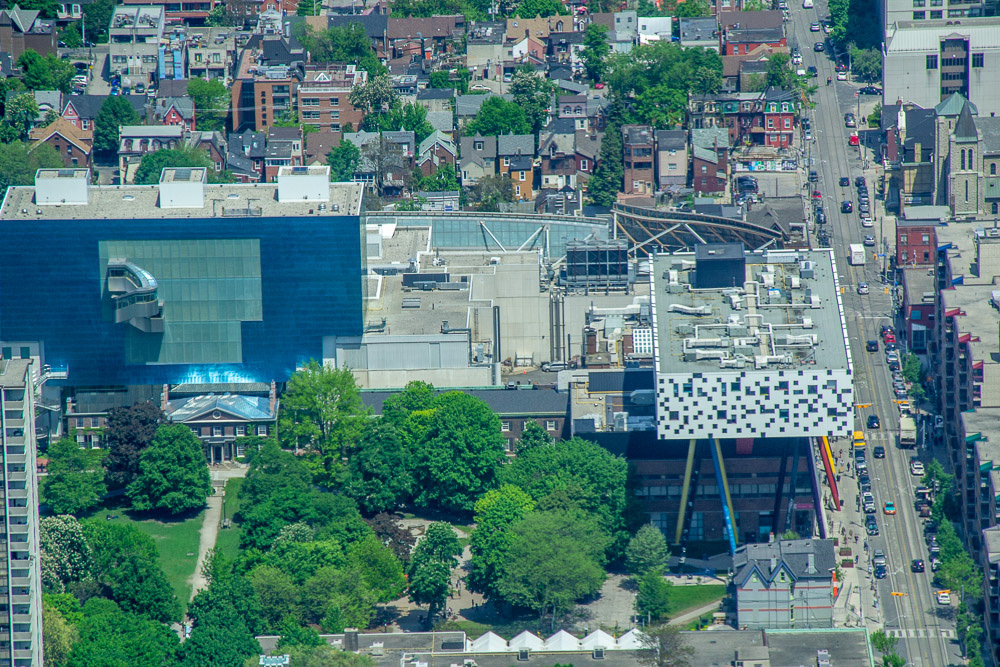 One of the iconic buildings of Toronto, the Sharp Centre for Design is prominent in the right foreground.