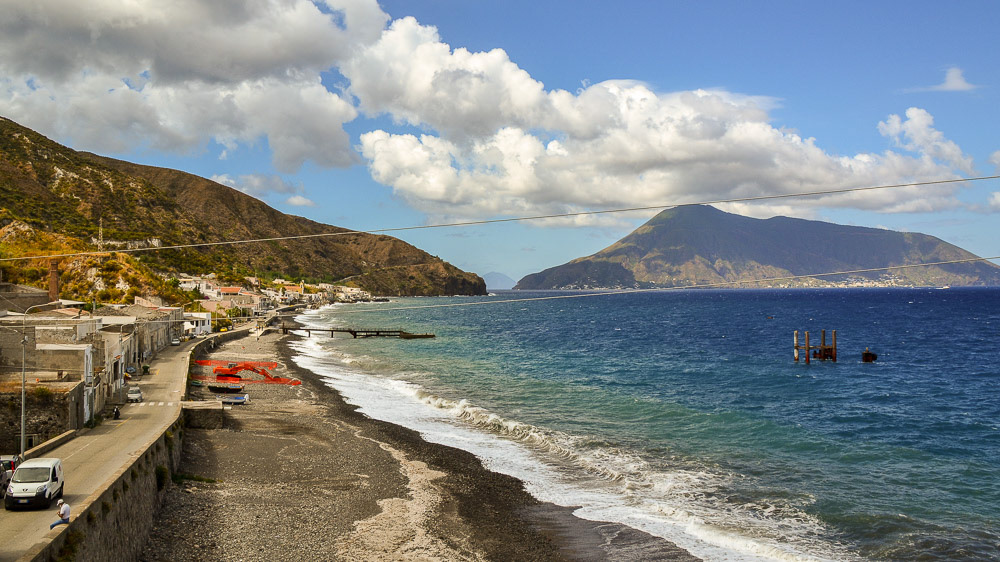 Aquacalda, and Via Giuseppe Mazzini looking towards the Island of Salina.
