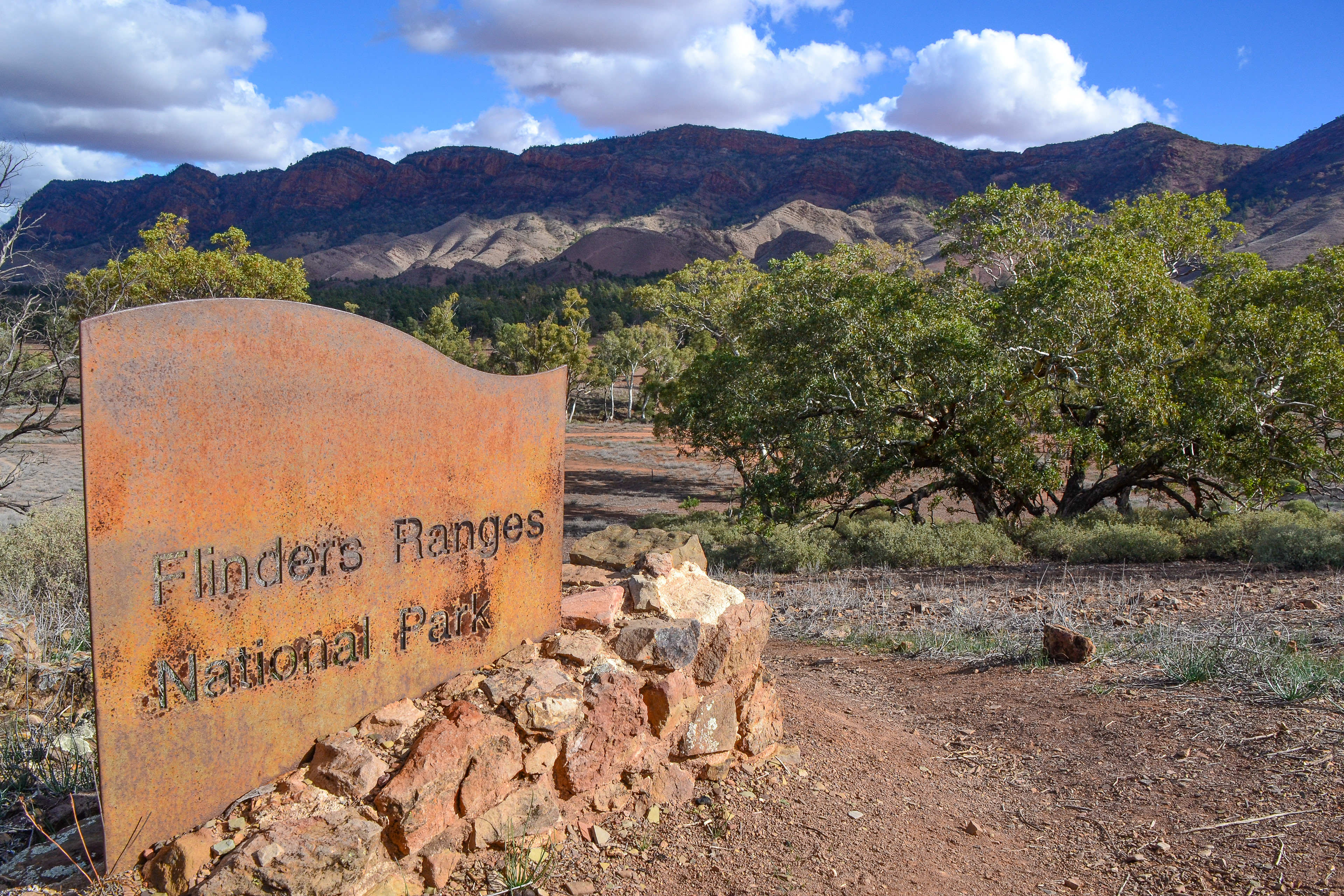 One of the park entrances with the Heysen Ranges in the background.