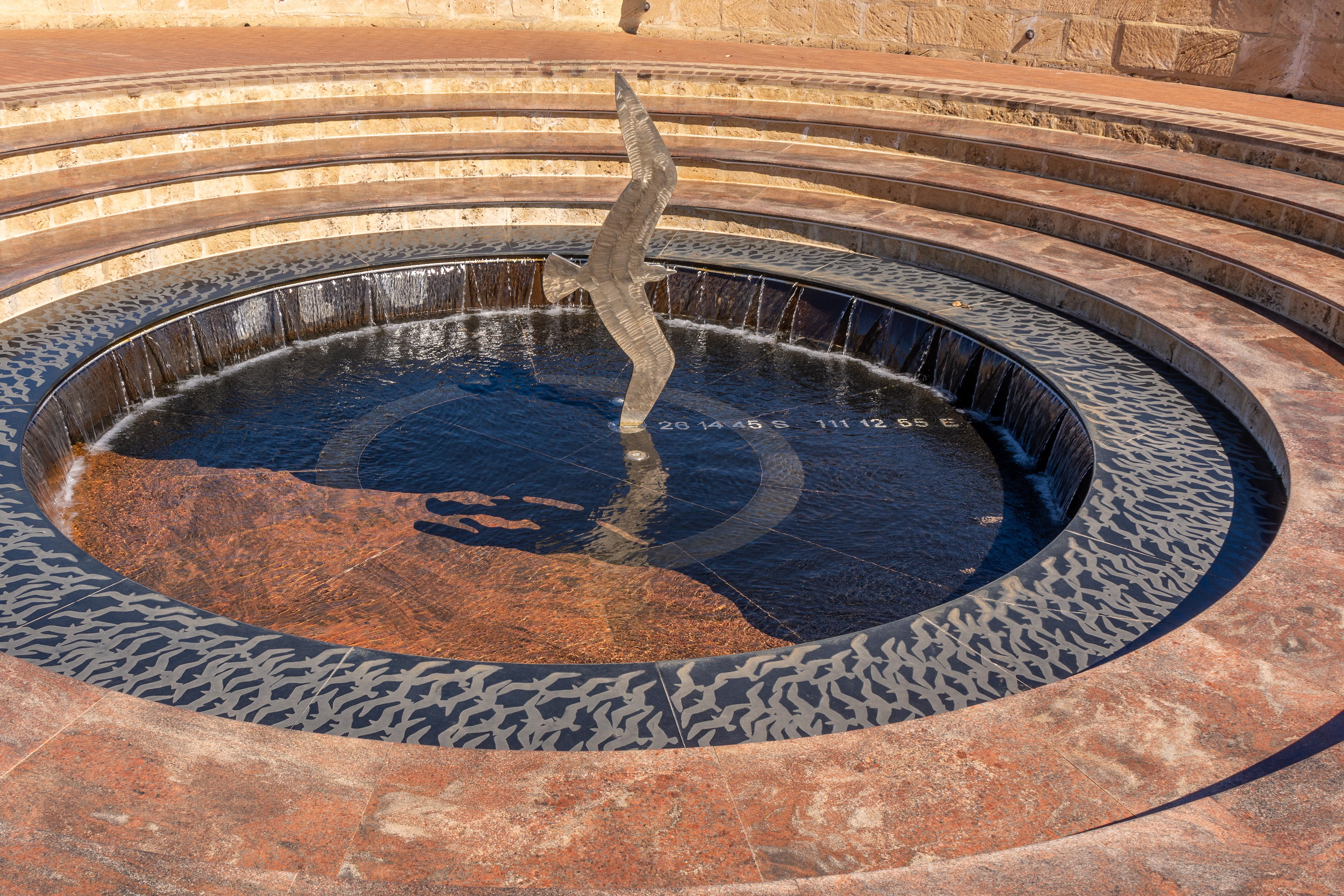 Geraldton - Adjacent the gull's wing in the reflecting pool latitude and longitude of the Sydney's final resting place.