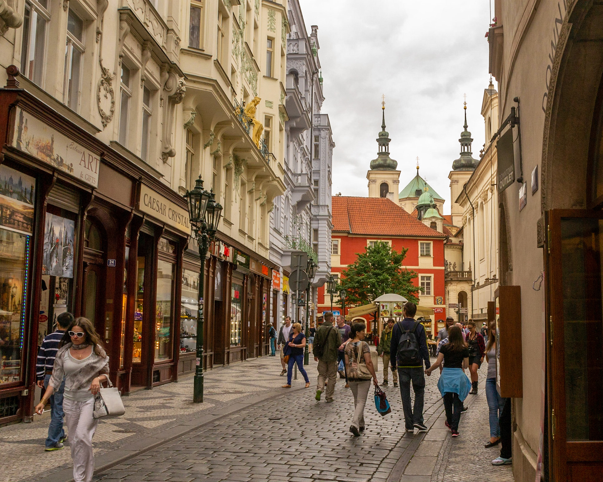 Narrow cobblestone paved streets heading towards the Old Town Square