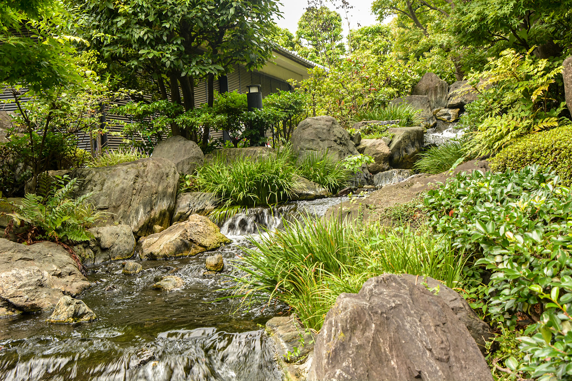 A beautifully crafted waterfall feature adds to the tranquility of the garden.