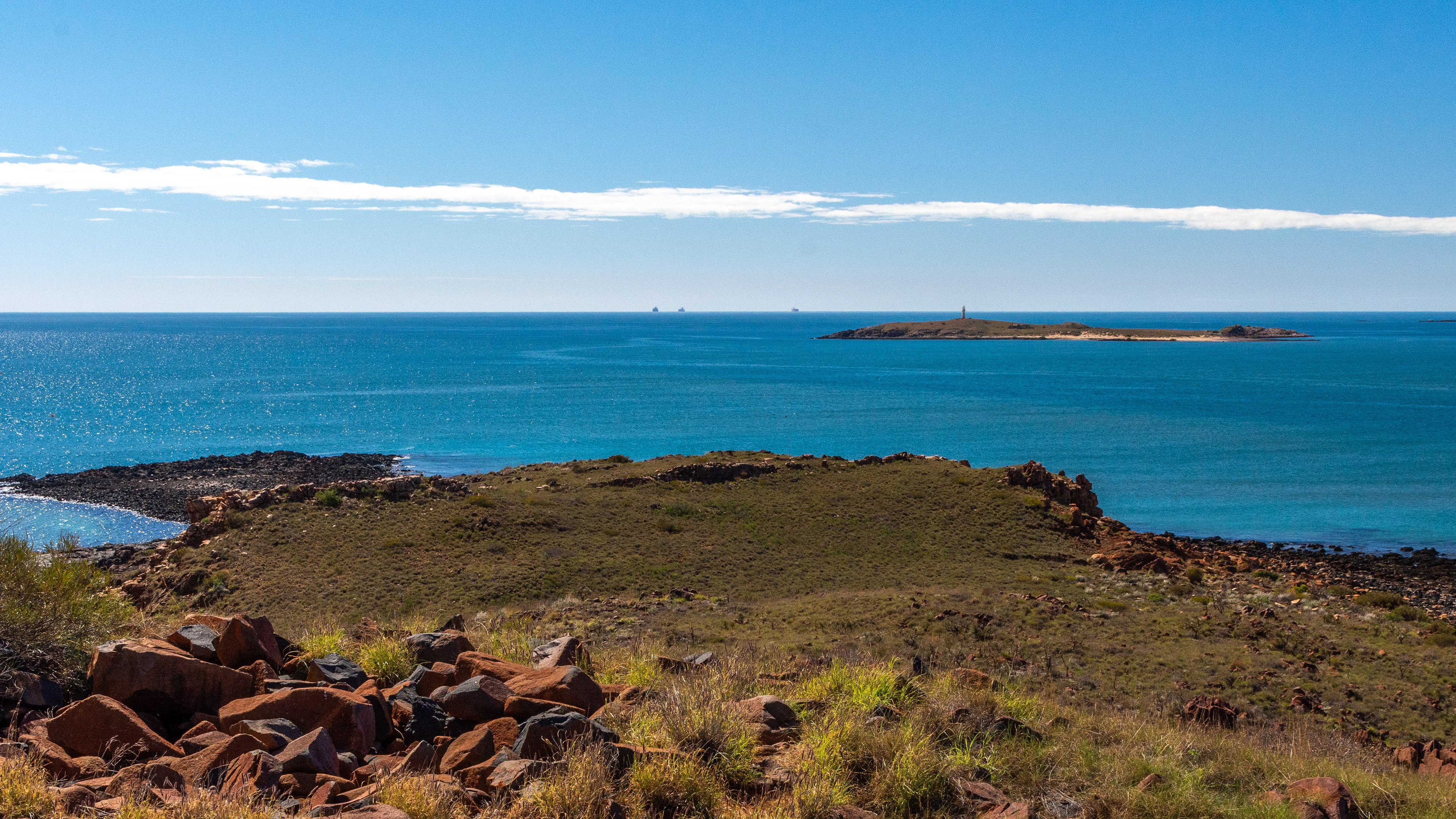 View from Reader Head lookout towards Point Samson - ships waiting offshore for Port Hedland Harbour
