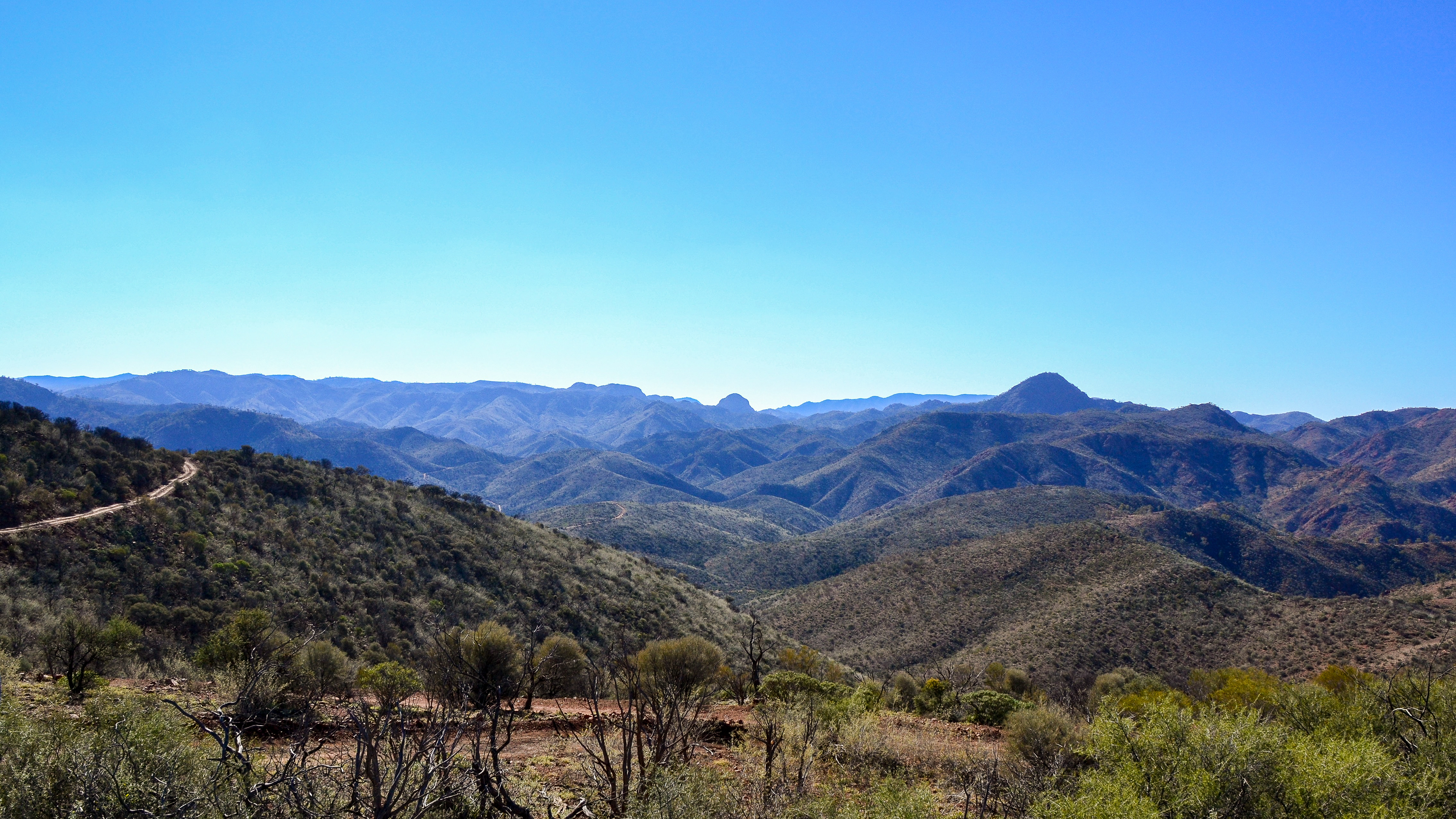 A blue haze, typical of the Australian bush lies beyond the track ahead.