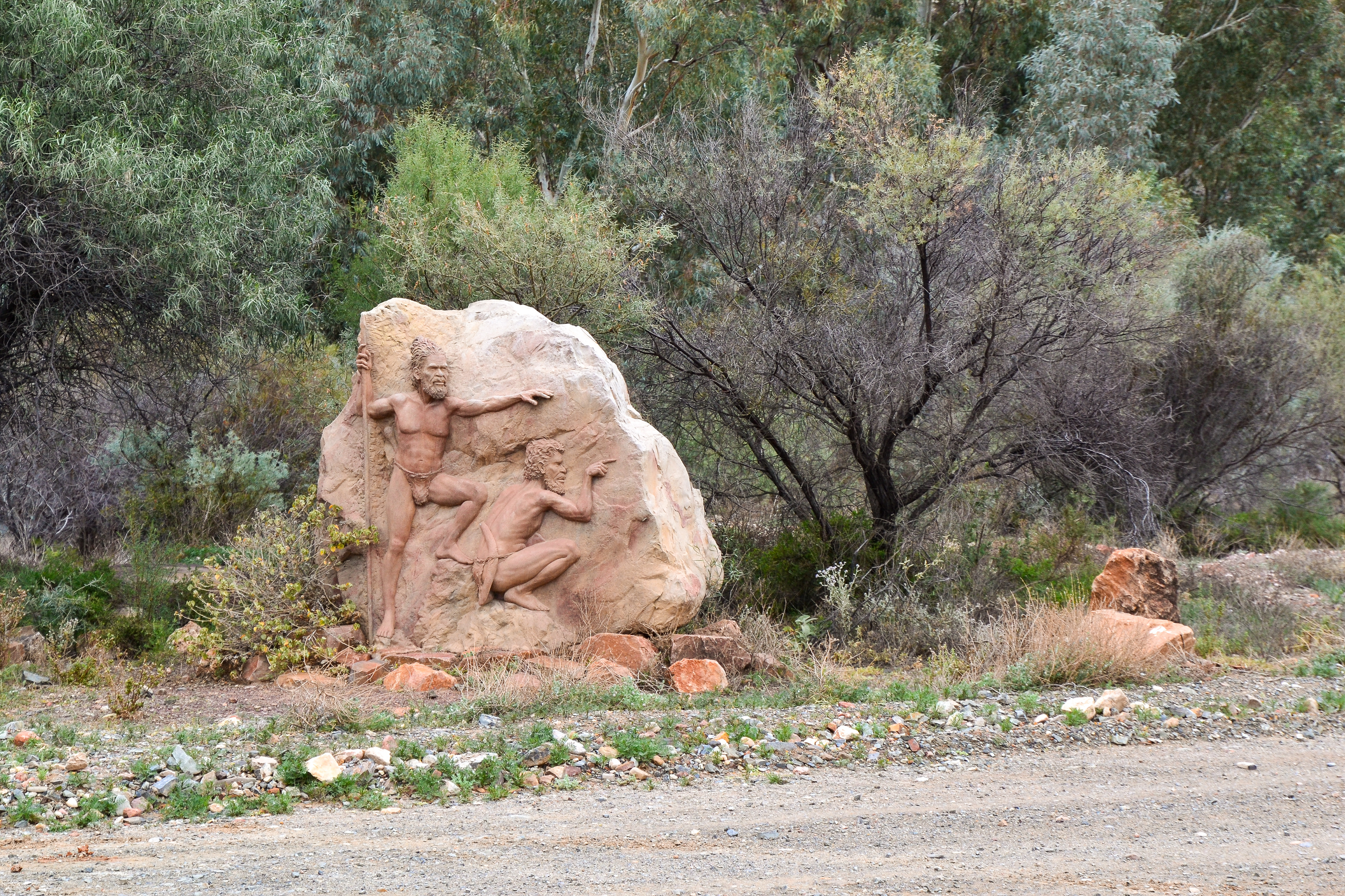 Entering Arkaroola Village a rock sculpture depicts Aboriginal tribesmen.