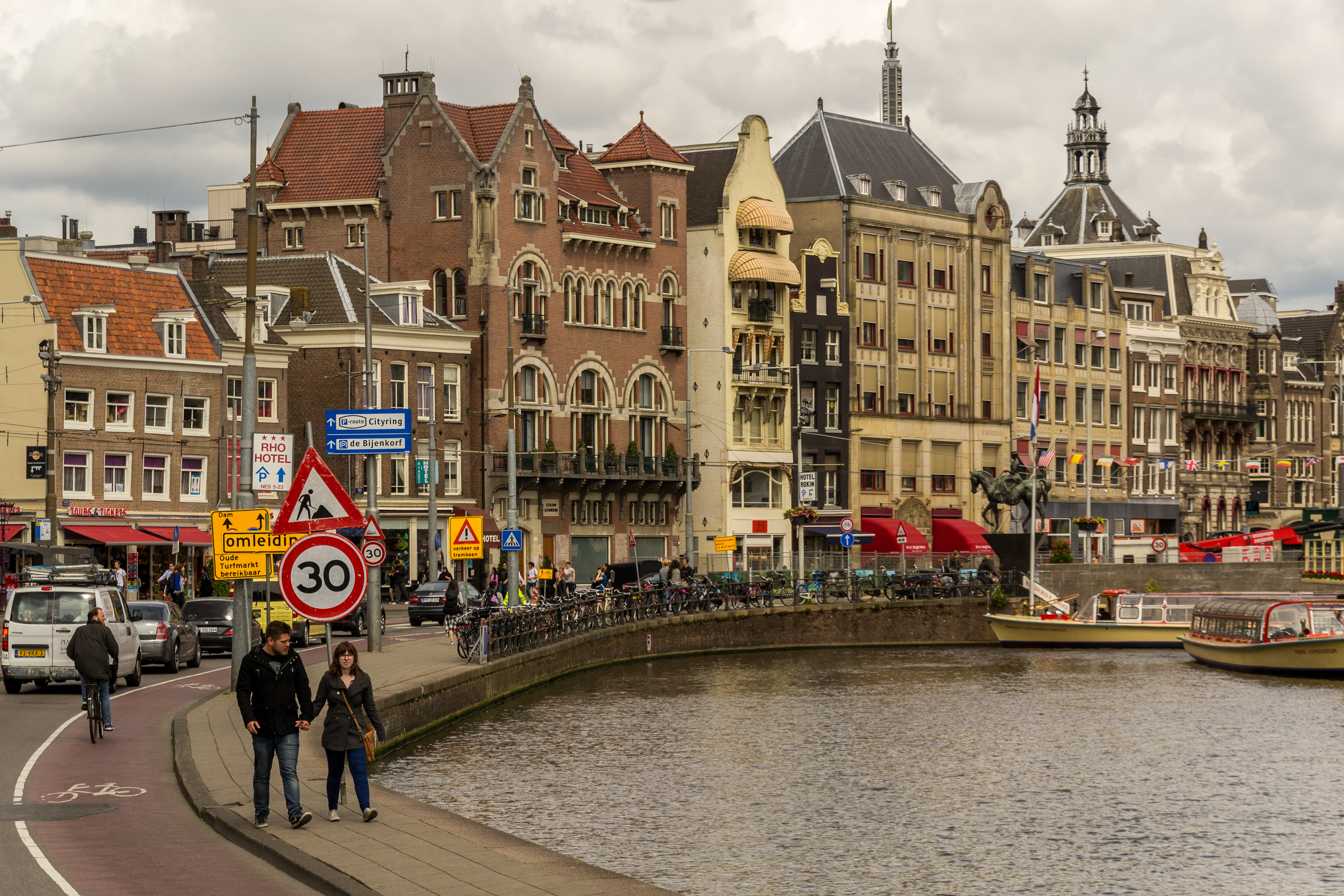 City centre close to the dam on the Amstel River from which the city derives its name.