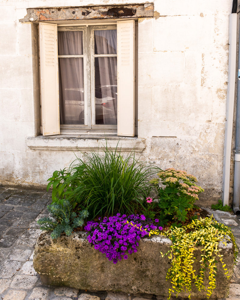 Planters add a pop of colour in the paved back streets of the old town area.