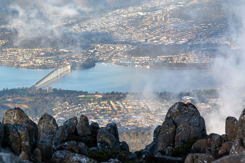 Hobart and the Derwent River from the misty heights of Mt Wellington.