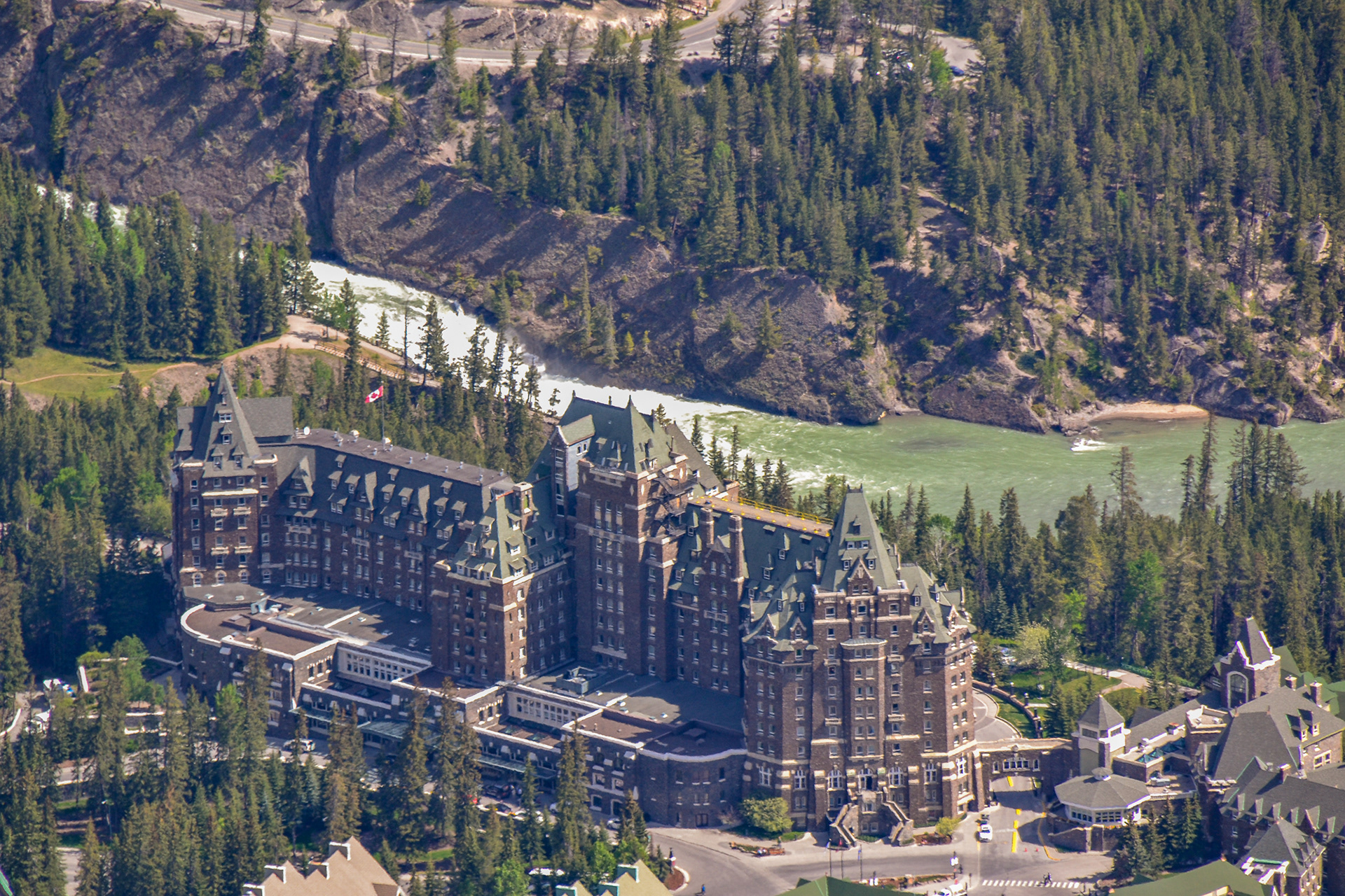 The Fairmont Banff Springs is an imposing sight from the summit of Sulphur Mountain.
