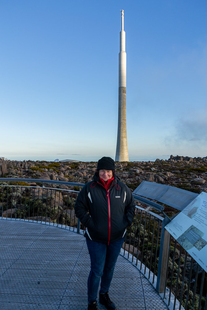 Cher rugged up against the cold at the lookout, Mt Wellington