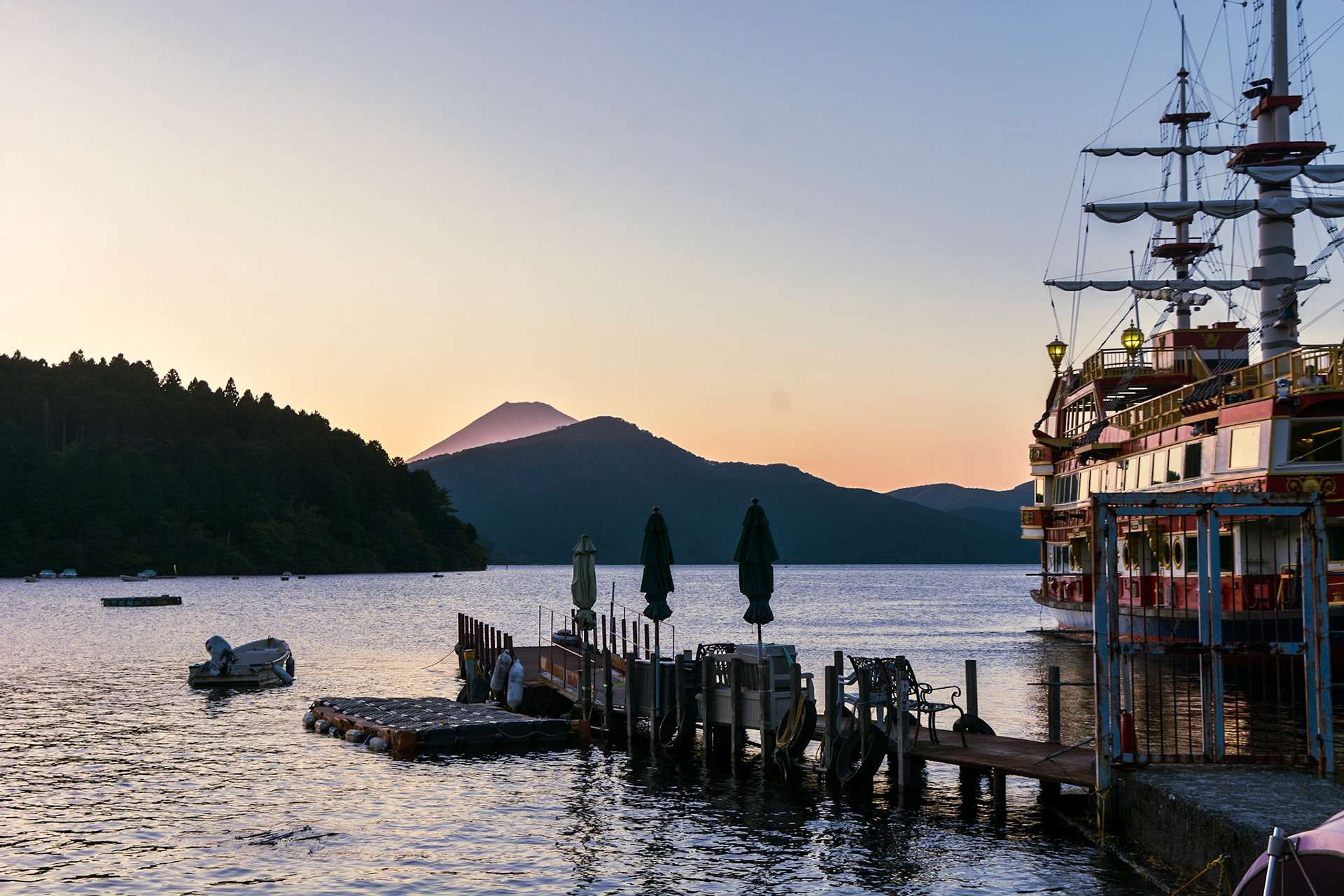 Our "pirate ship" at anchor in Hakone, Lake Ashinoko as the sun sets on Mt Fuji in the background.