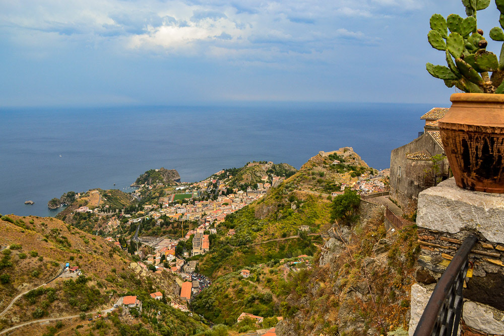 The Saracen Castle (Castello saraceno) on the nearby hilltop above Taormina,