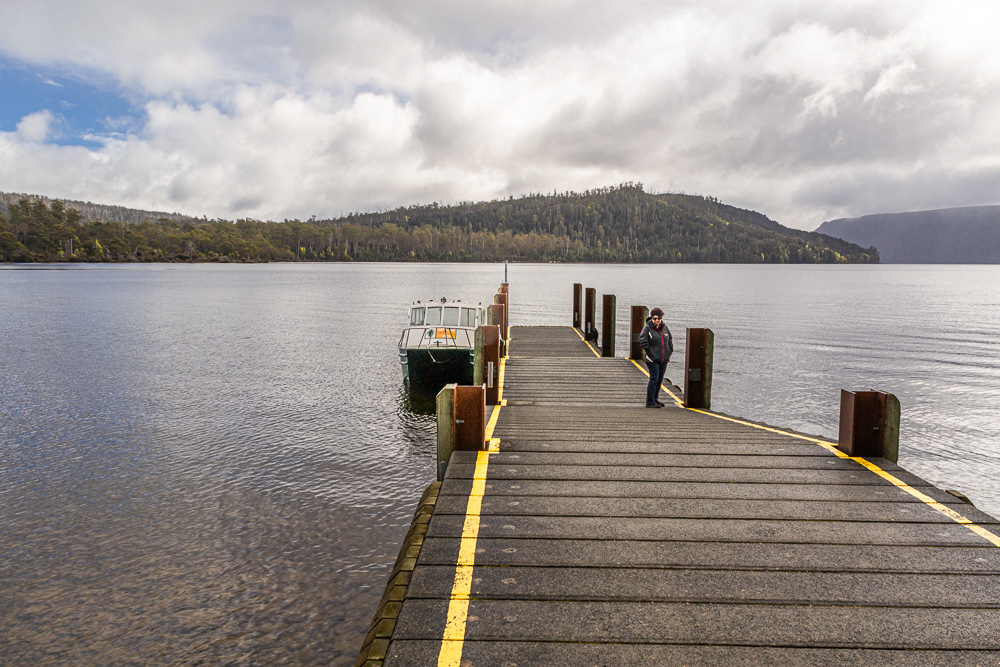 Cheryl on the Lake St Clair jetty with the water taxi.