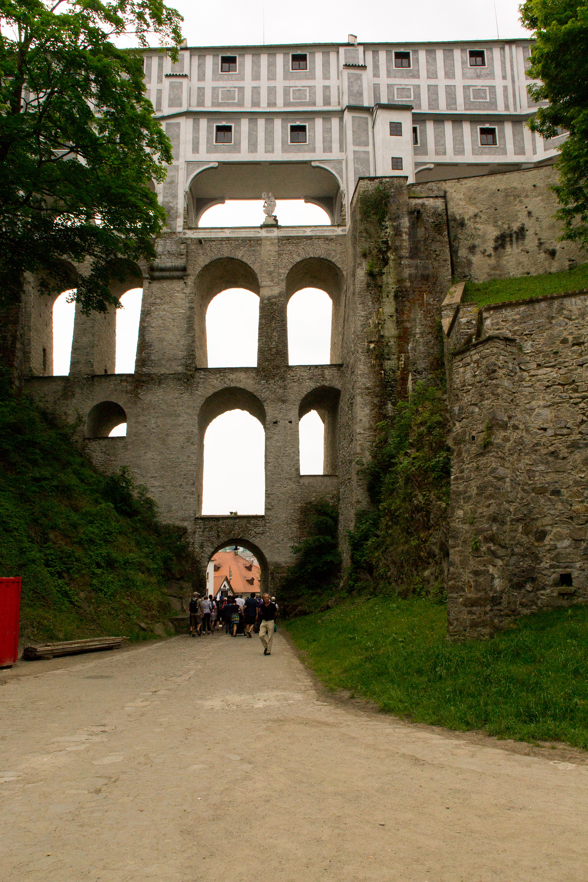 The Cloak bridge over a deep ravine in the rock upon which Krumlov castle is built. The castle itself consists of many defined parts dating from different periods.