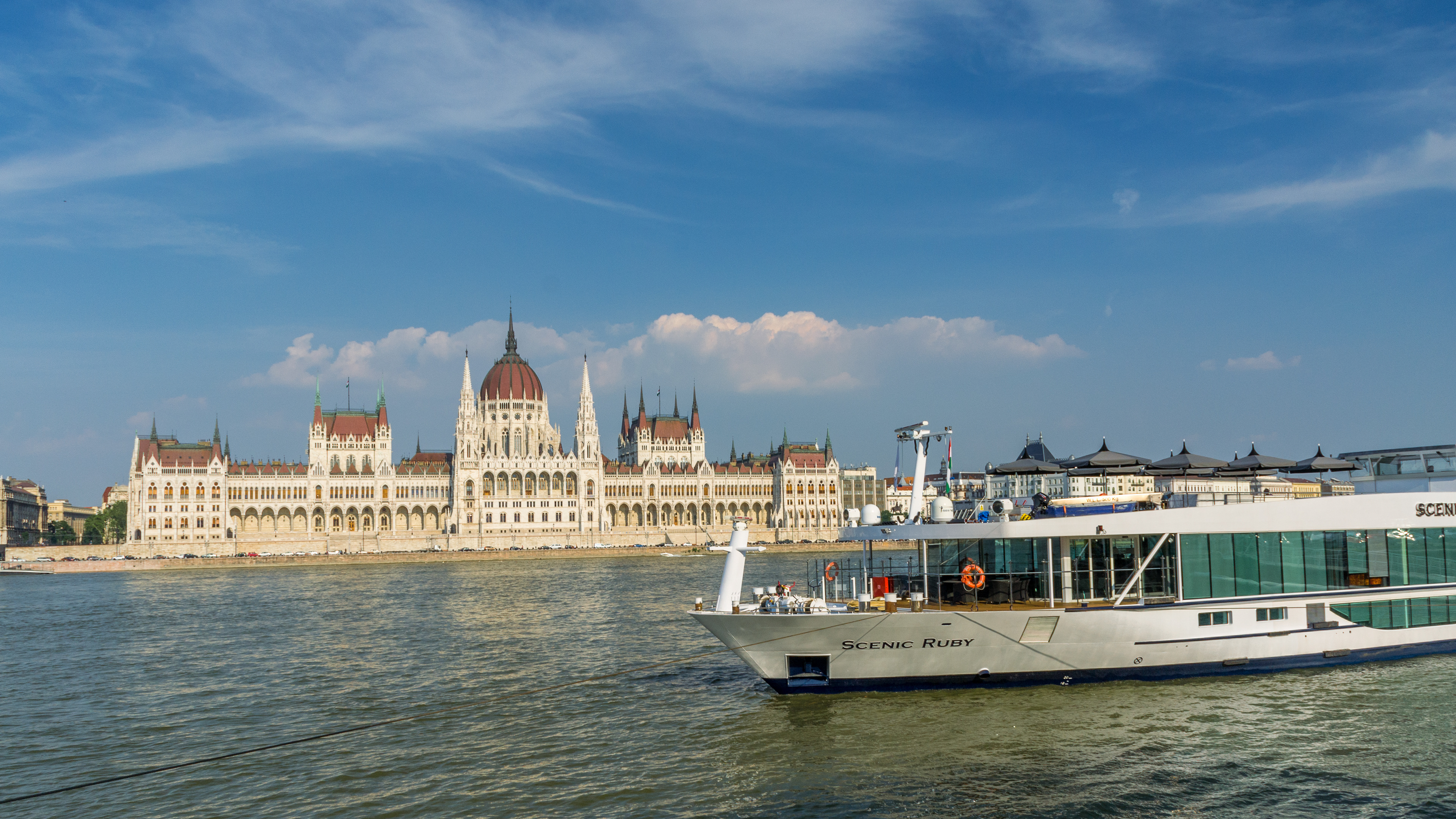 Scenic Ruby, our home for the next 15 days. Behind is the spectacular Gothic Revival building of the Hungarian Parliment.