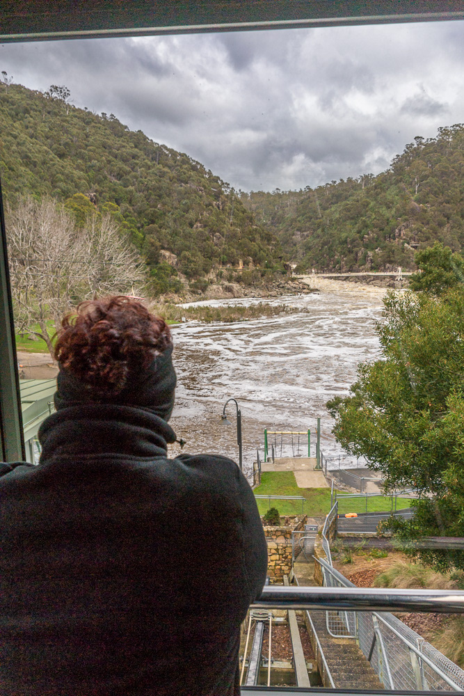 A view over the flooded picnic area of the First Basin as we descend via the funicular, Cataract Gorge suspension bridge in the background.