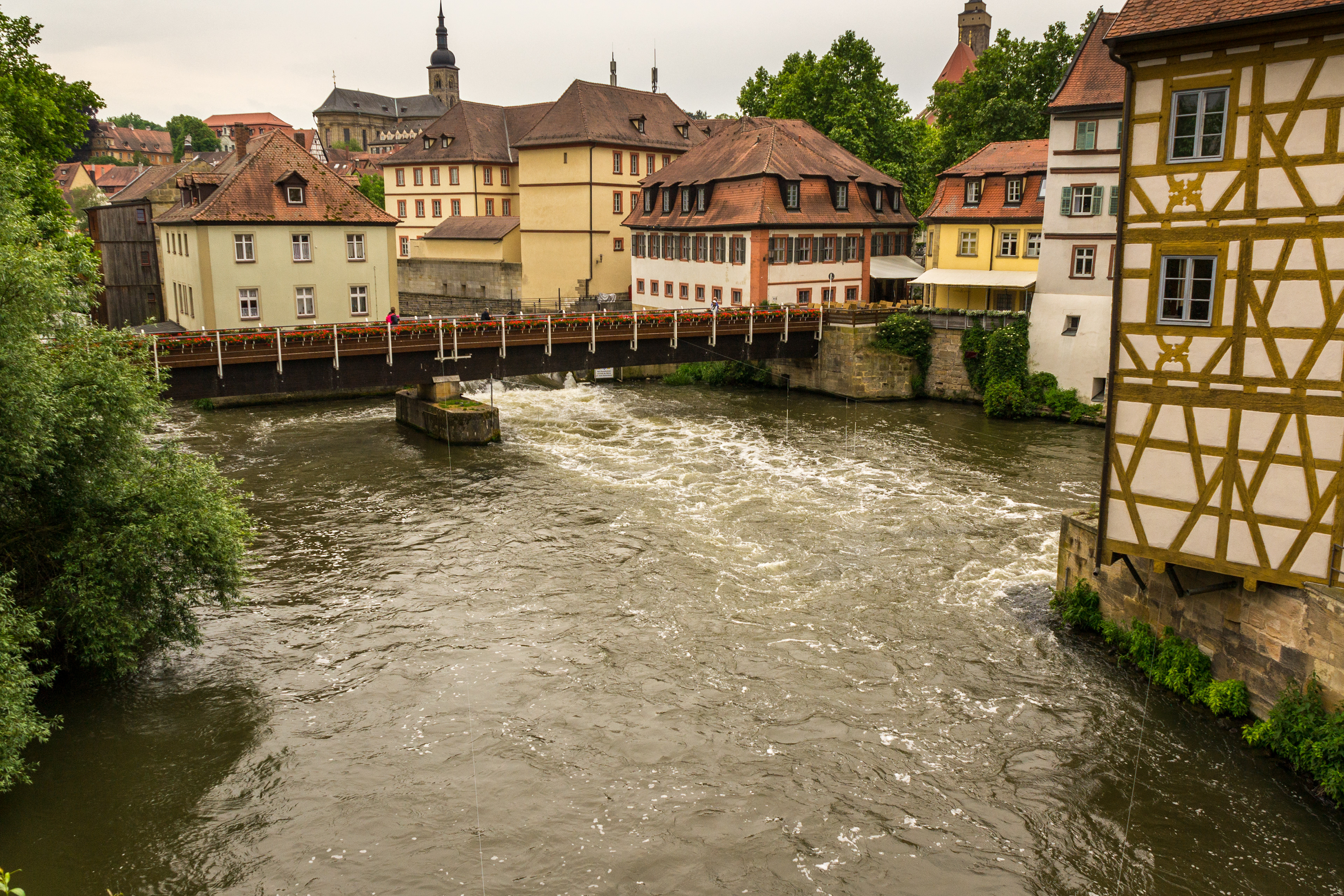 The River Regnitz, the half-timbered building on the right is the Old City Hall, unique that it is built on a bridge in the center of the river.