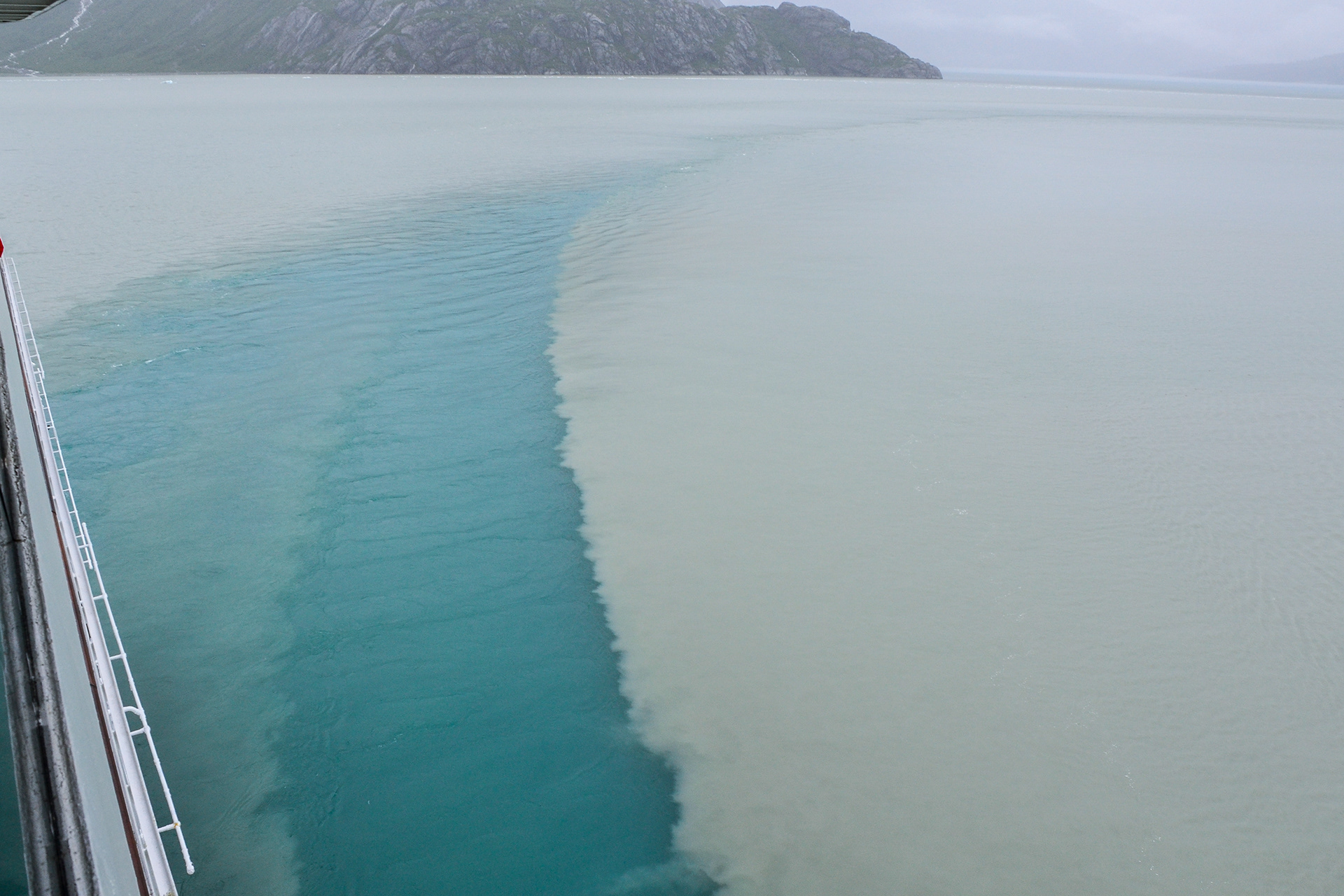 Our ship leaves a turquoise path in its wake through the glacial milk as we head deeper into Glacier Bay past Russell Island.
