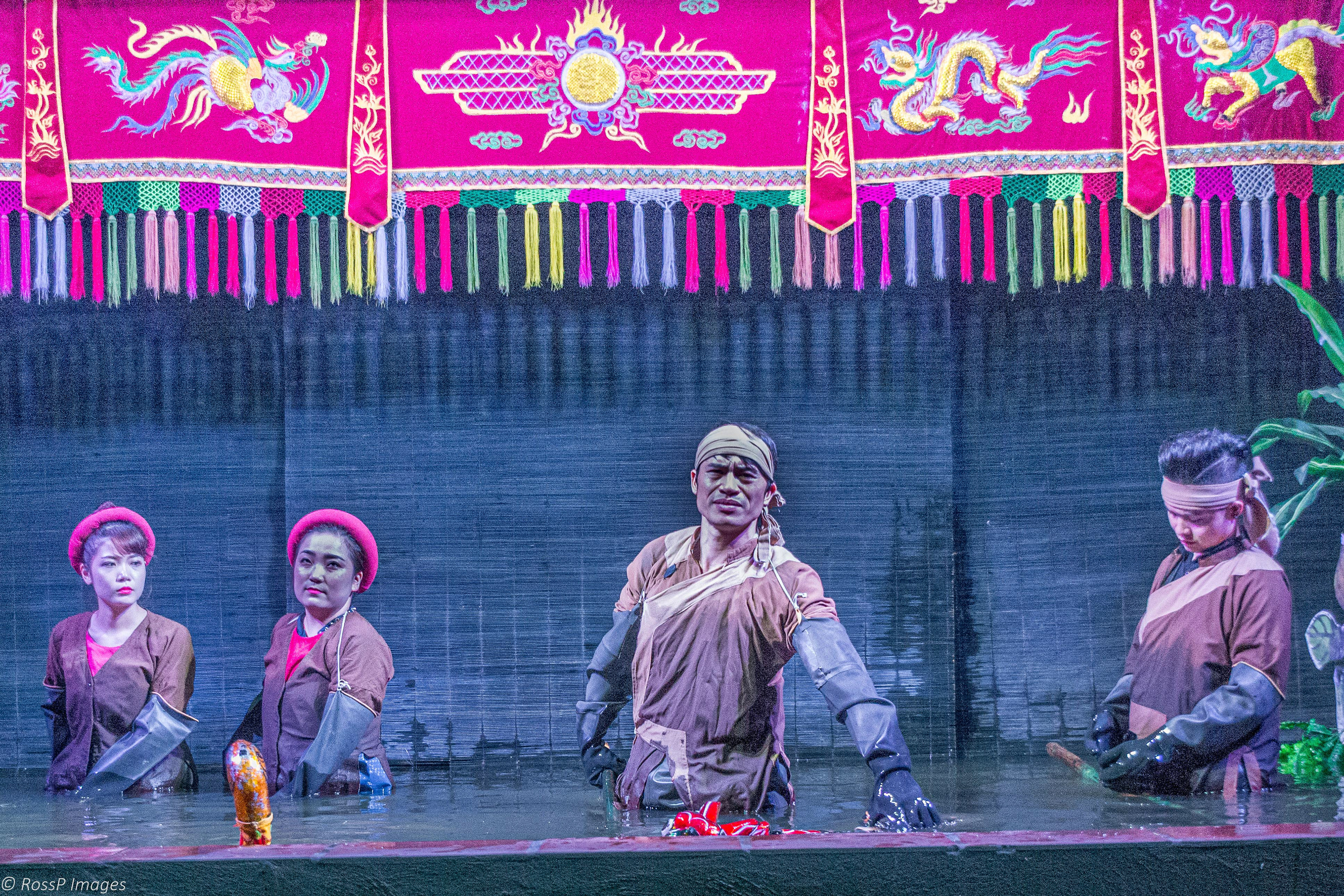 Master Puppeteers stand waist deep in water behind a bamboo screen to make the puppets dance on the water.