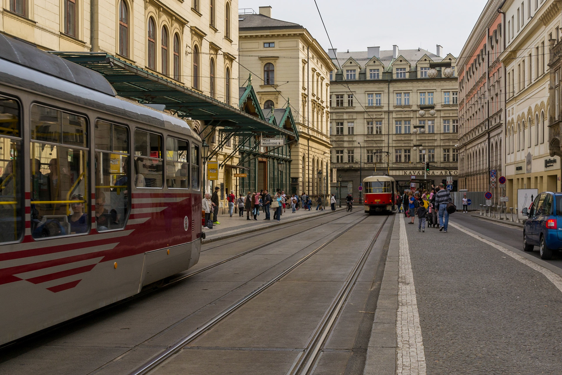 Trams in front of the terminal railway station, Praha Masarykovo located in the New Town area of Prague, near Republic Square ...
