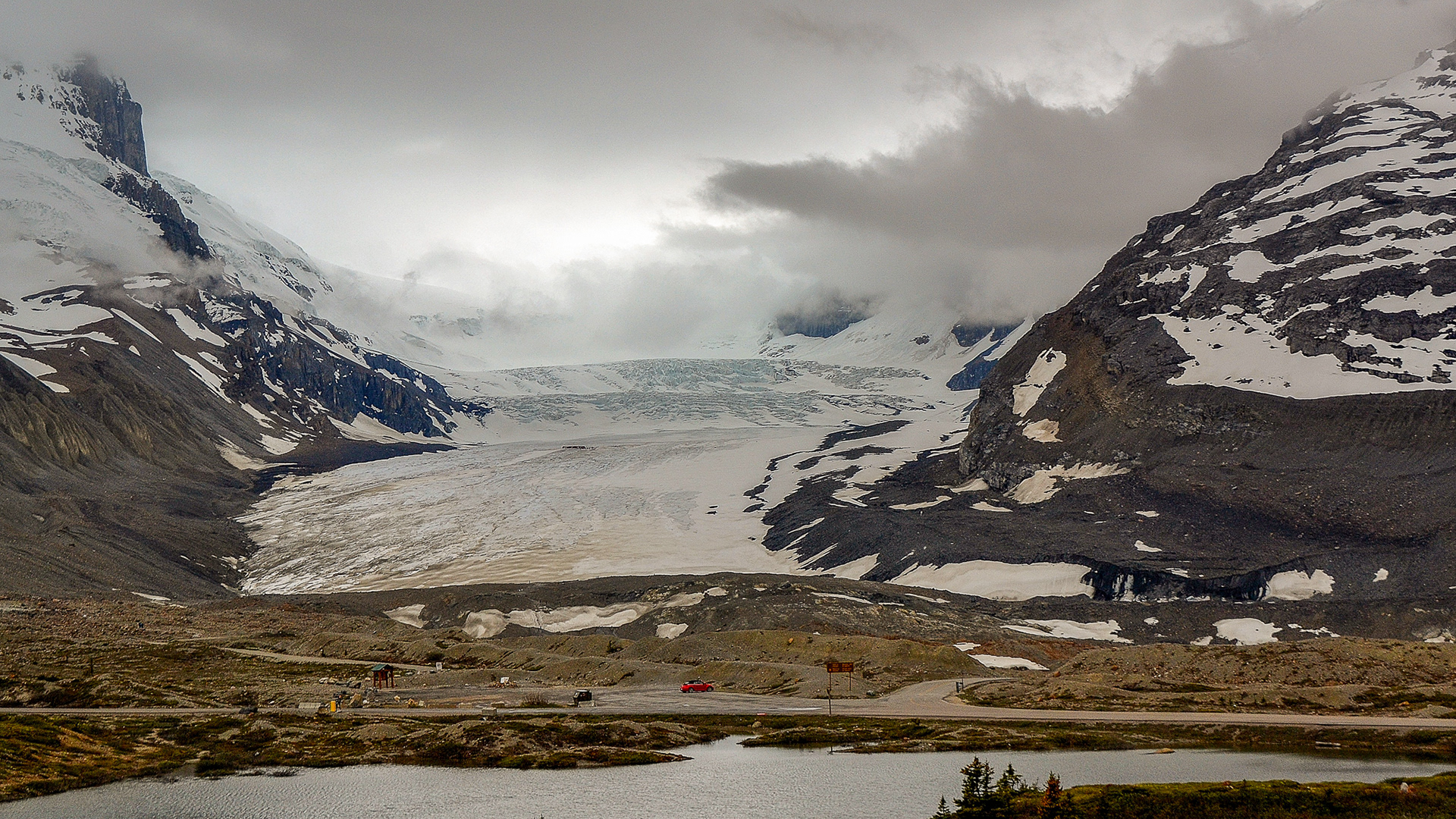 Athabasca Glacier, viewed from the Icefield Centre is one of the six principal 'toes' of the Columbia Icefield. The glacier currently loses depth at a rate of about 5 metres per year