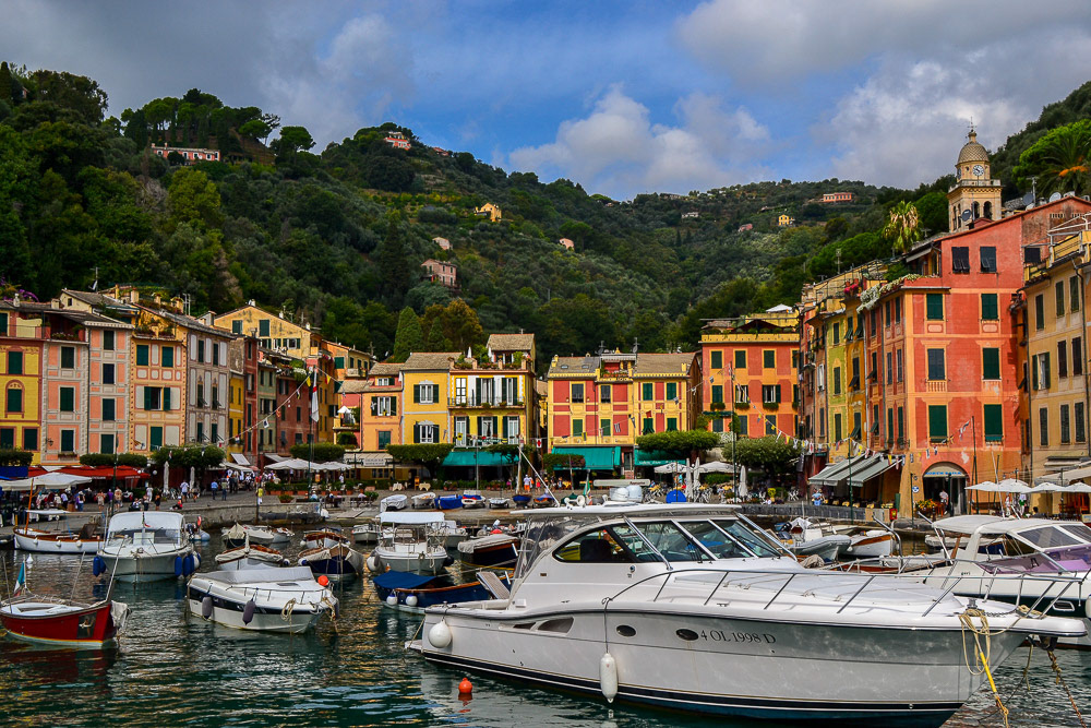 The famous "Piazzetta" is the heart of fashionable Portofino, it overlooks the picturesque harbor.