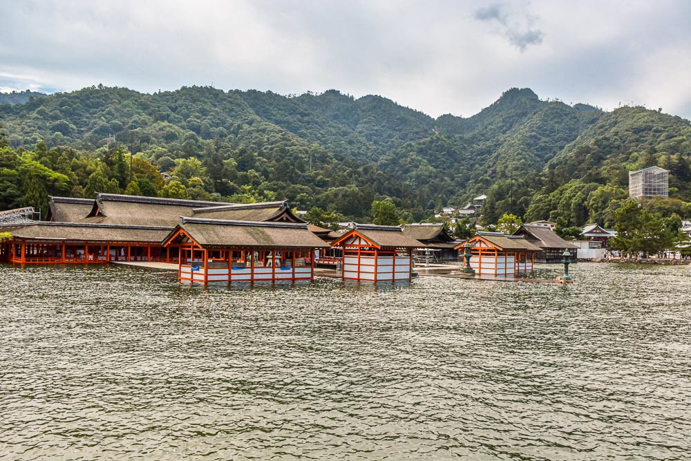 Itsukushima Shrine buildings are innundated by the king tide.