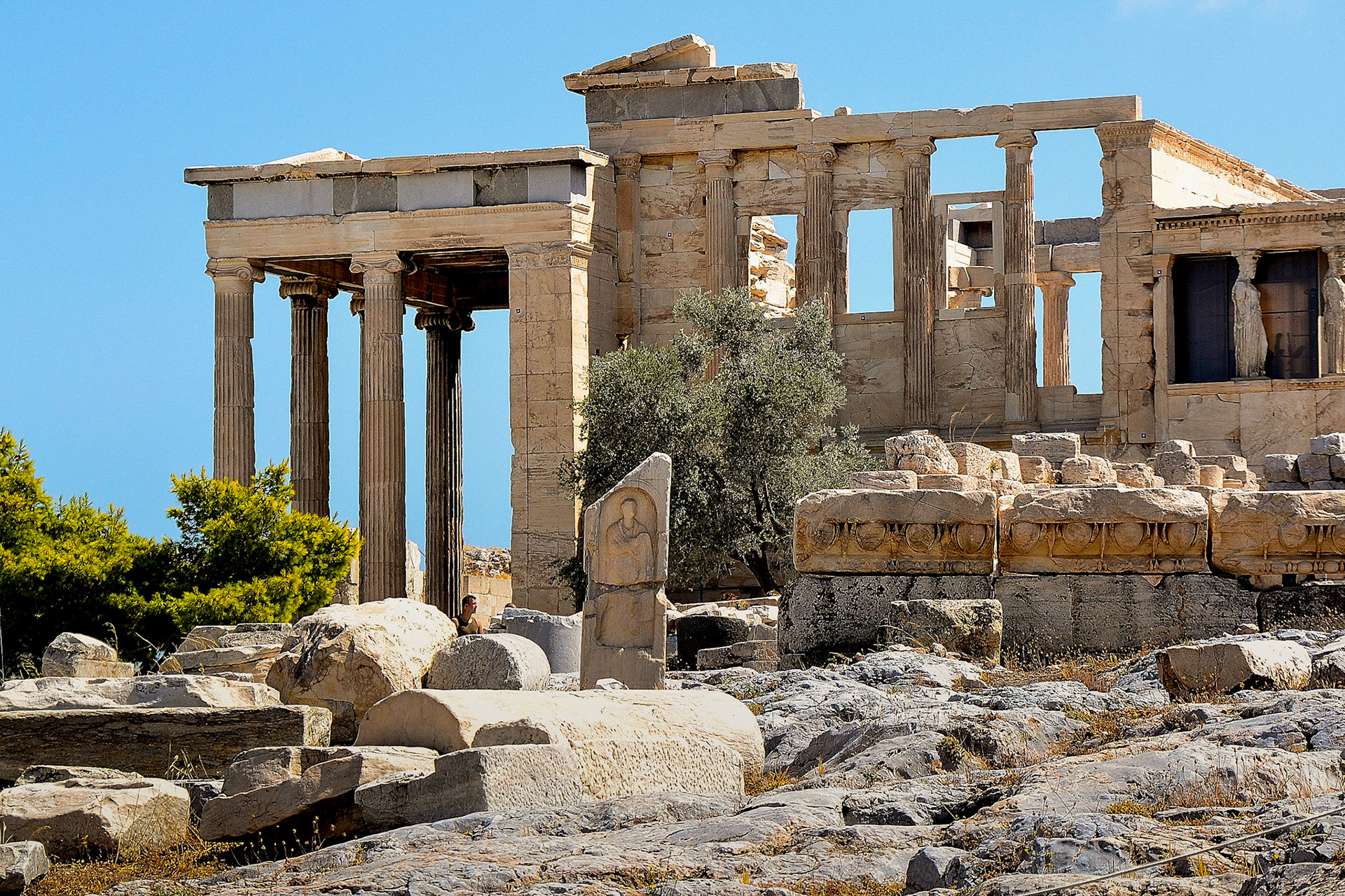 Erechtheion, an ancient Greek temple on the north side of the Acropolis dedicated to both Athena and Poseidon