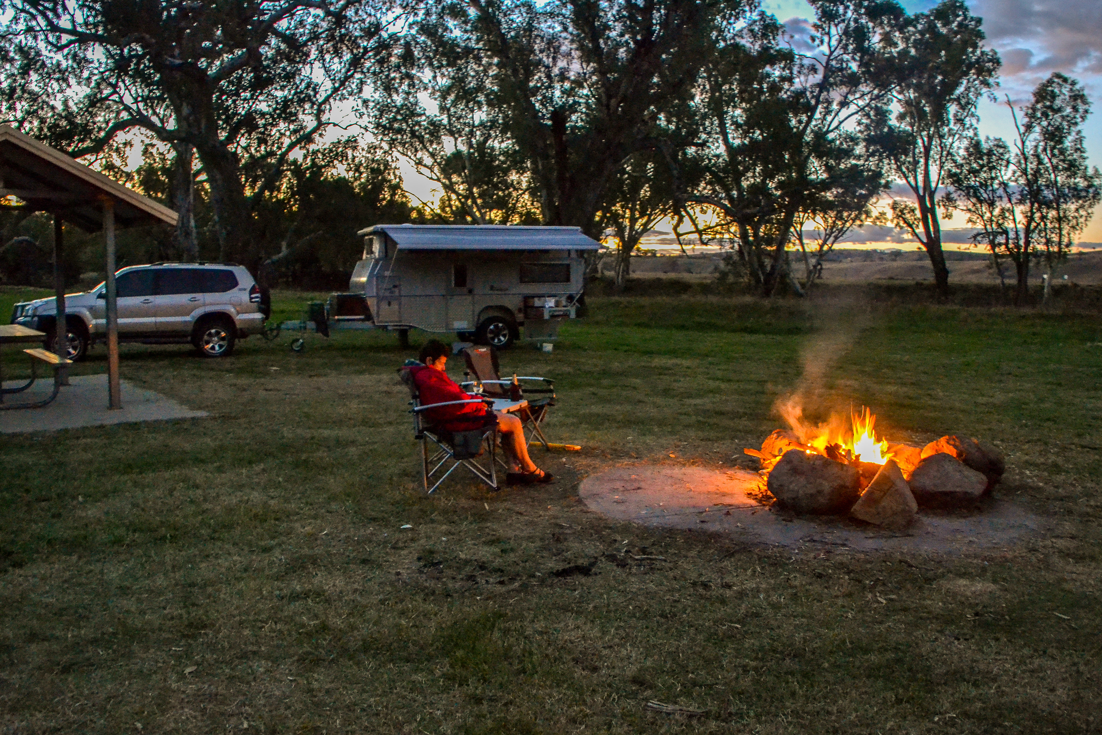 Campfire comfort at our overnight stop beside the Murrumbidgee at Wantabadgery.River.