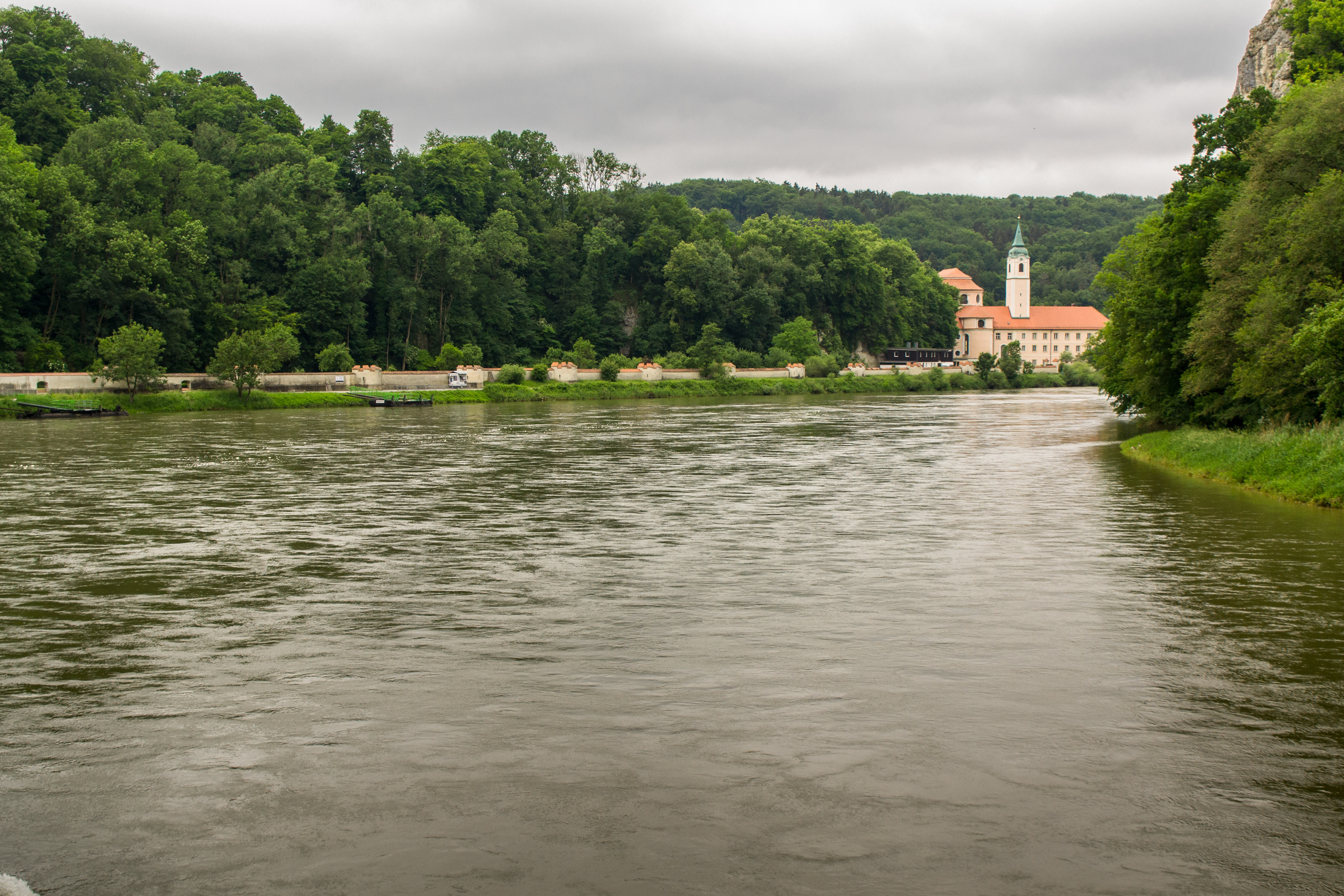 Weltenberg Abbey appears ahead on a peninsula in the Danube.