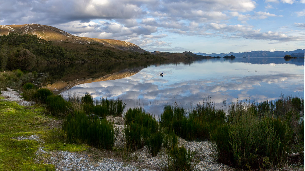 Panoramic view of Lake Pedder with shore and sky reflections.