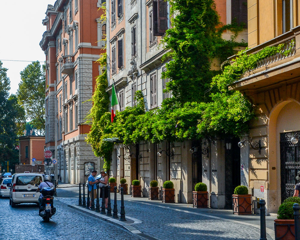 Via della Penna and the facade of Hotel della Penna - our digs in Roma.