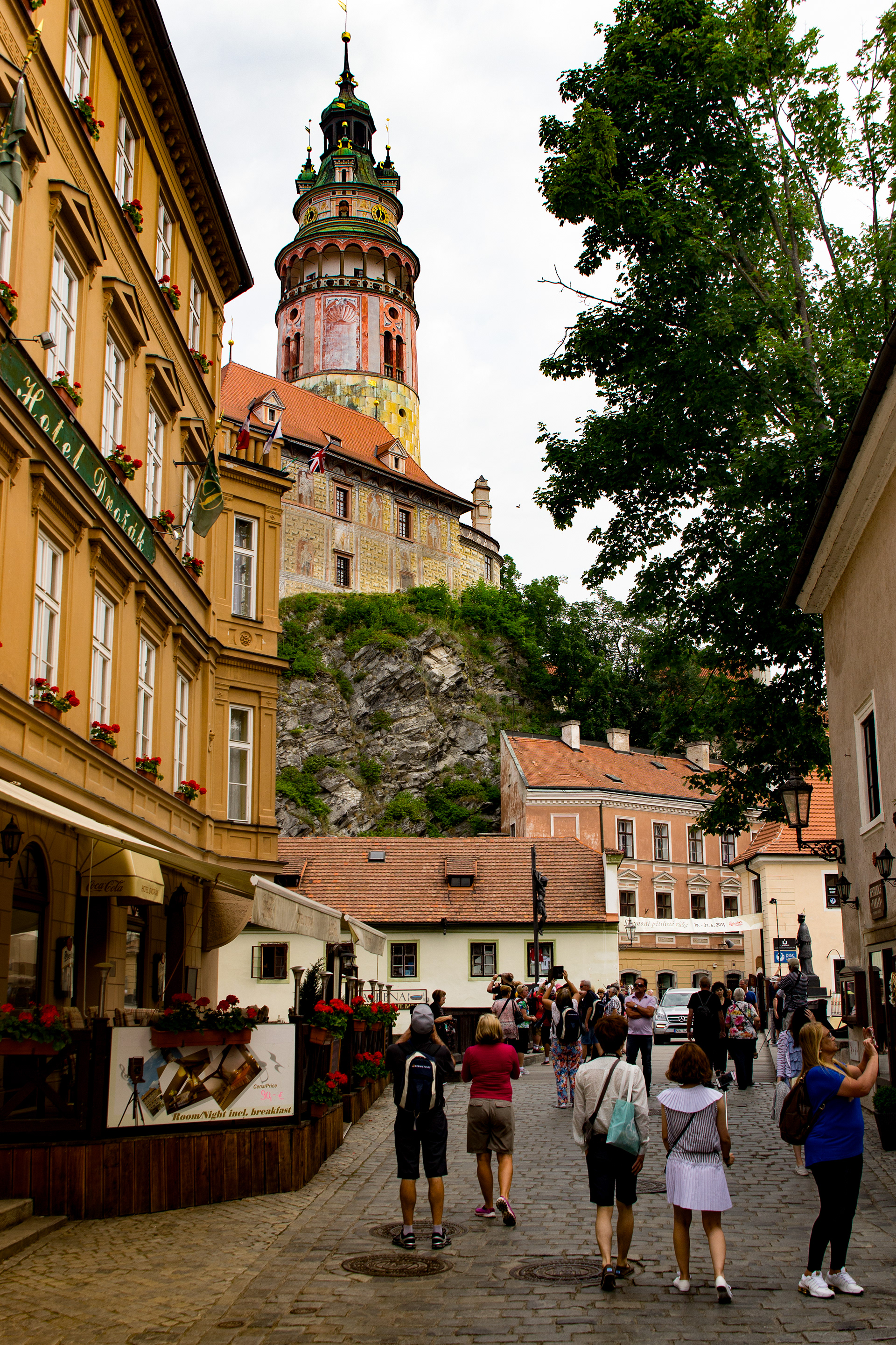 Krumlov Castle's tower above the streets of the Old Town.