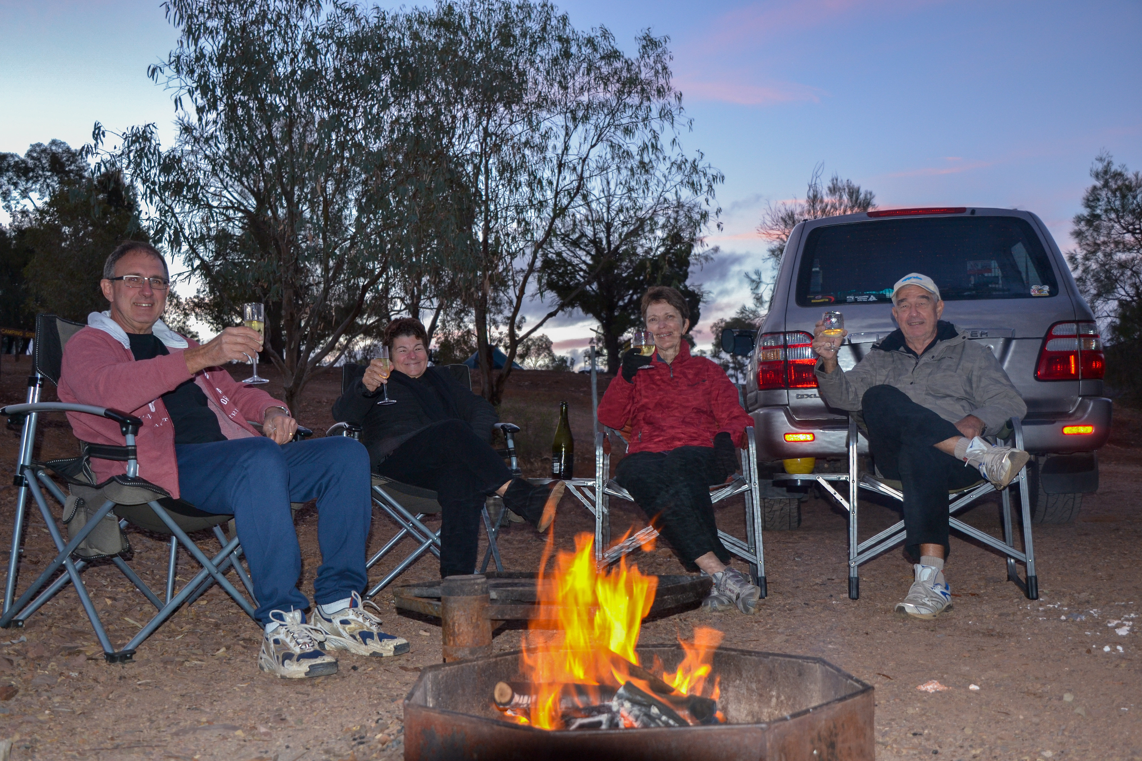 Enjoying happy hour with a toast to our first day in the Flinders Rangers.
