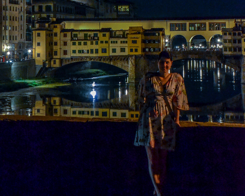 Tracy on the Arno - Ponte Veccio backdrop.