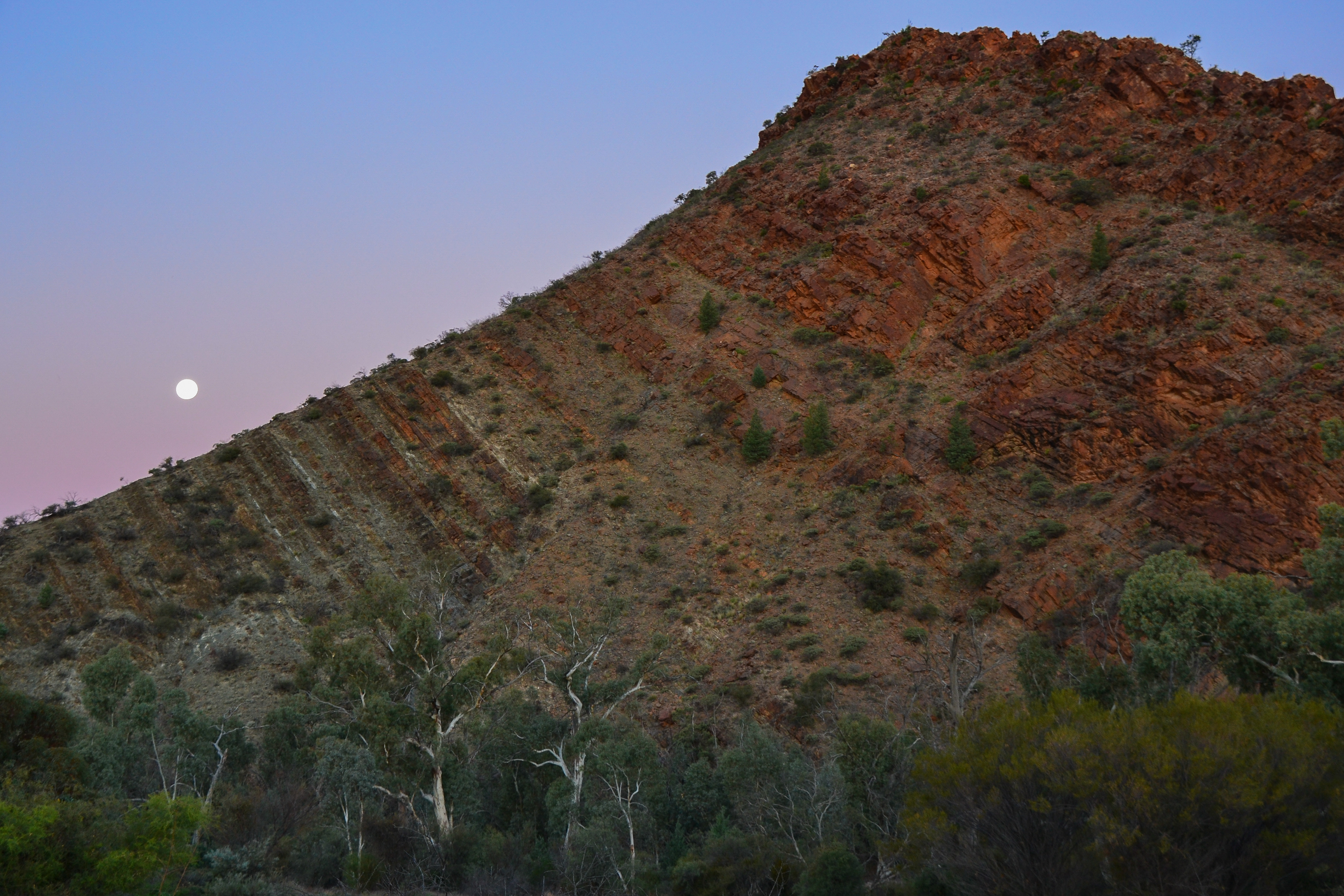 Near vertical rock strata point toward a full moon,