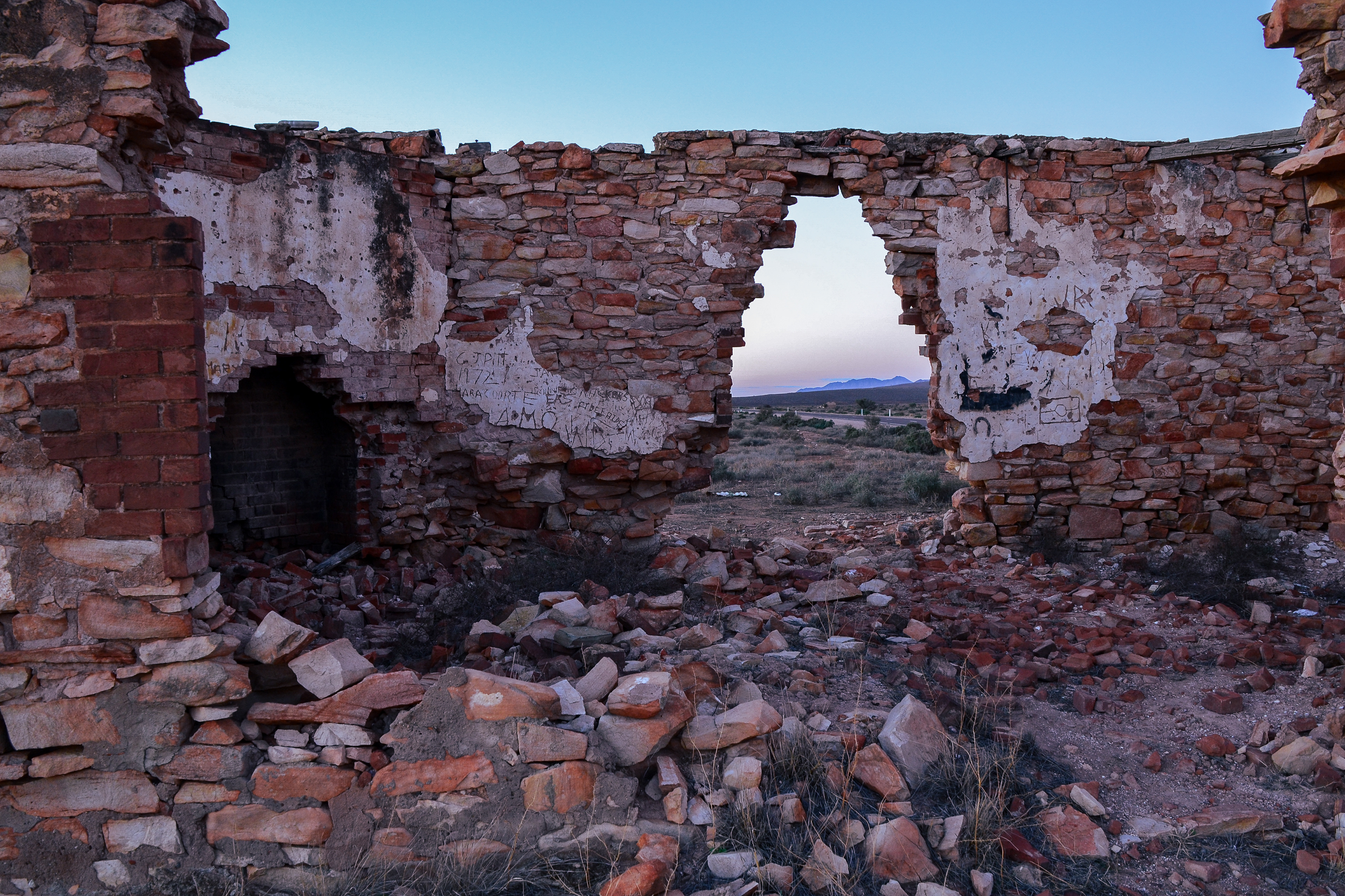 Looking through the ruins towards the Flinders Ranges, Hookina.